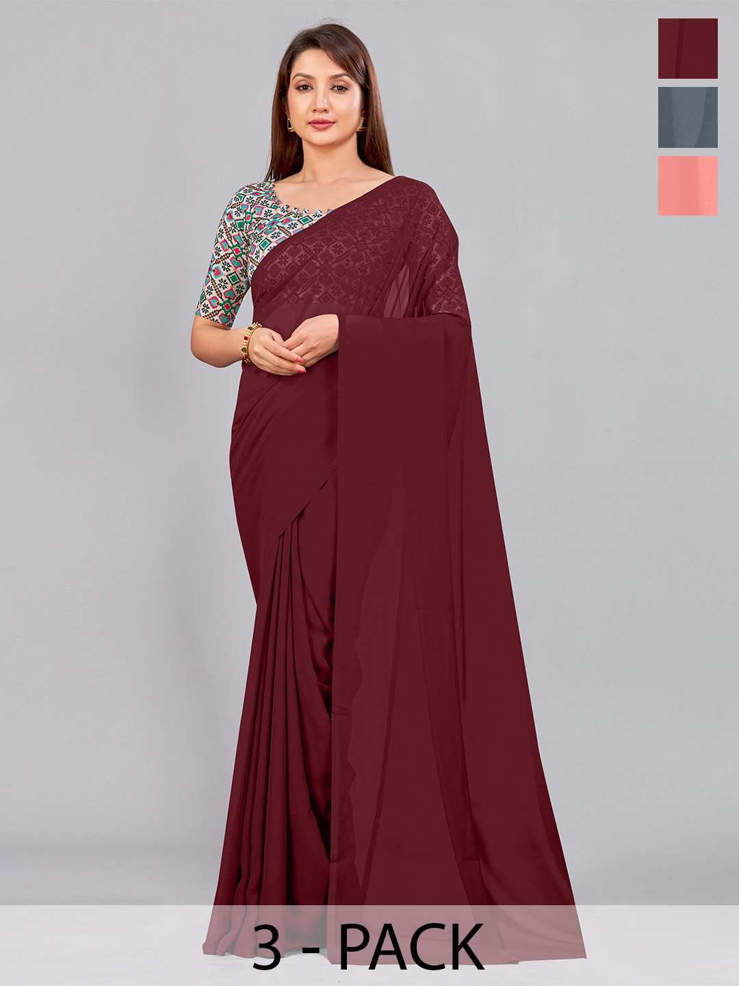 

CastilloFab Selection of 3 Pure Georgette Saree, Maroon