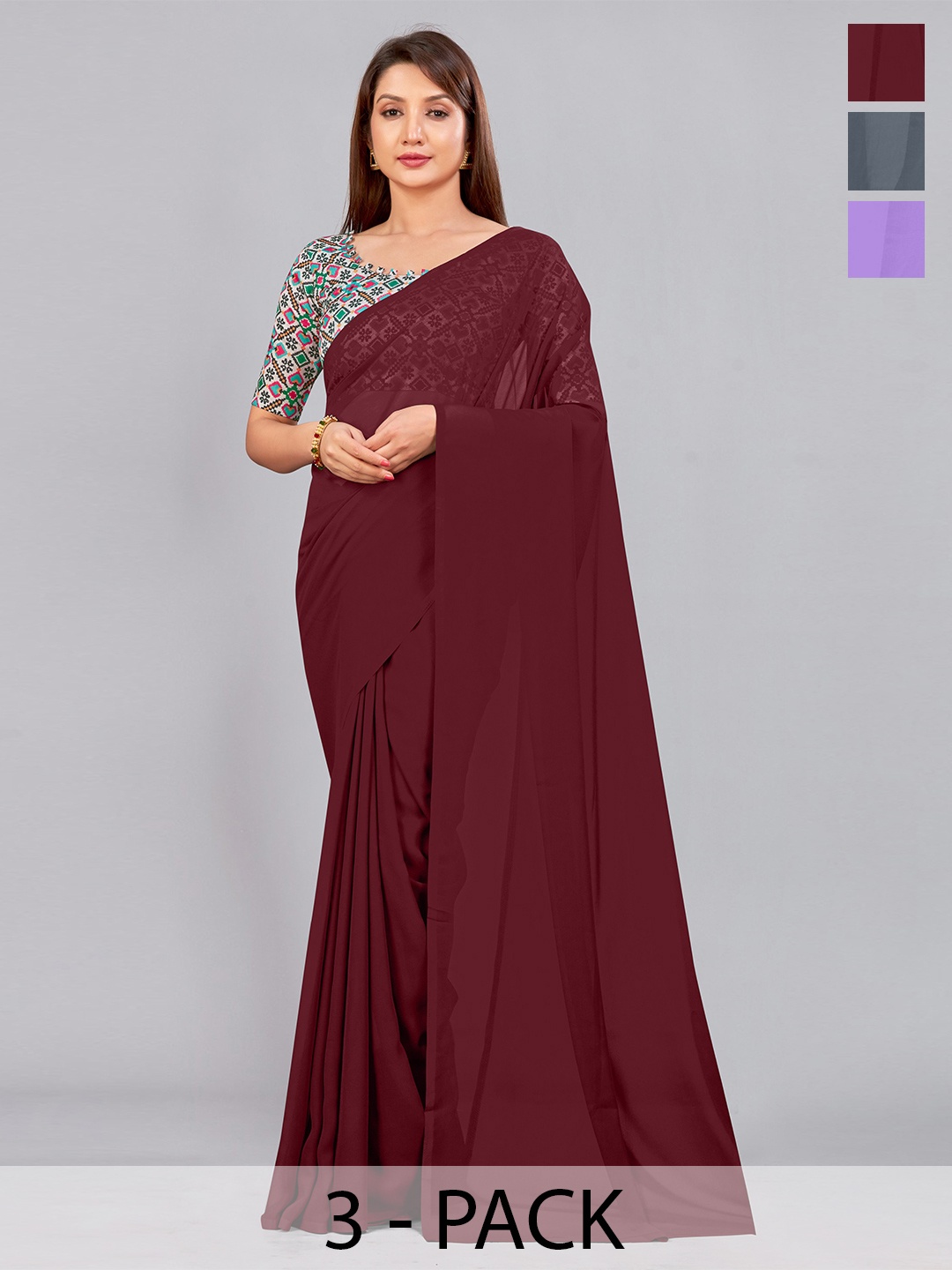 

CastilloFab Selection Of 3 Pure Georgette Saree, Maroon