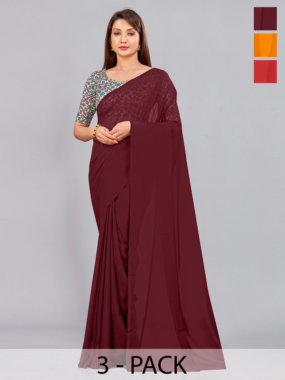 

CastilloFab Selection of 3 Pure Georgette Saree, Maroon