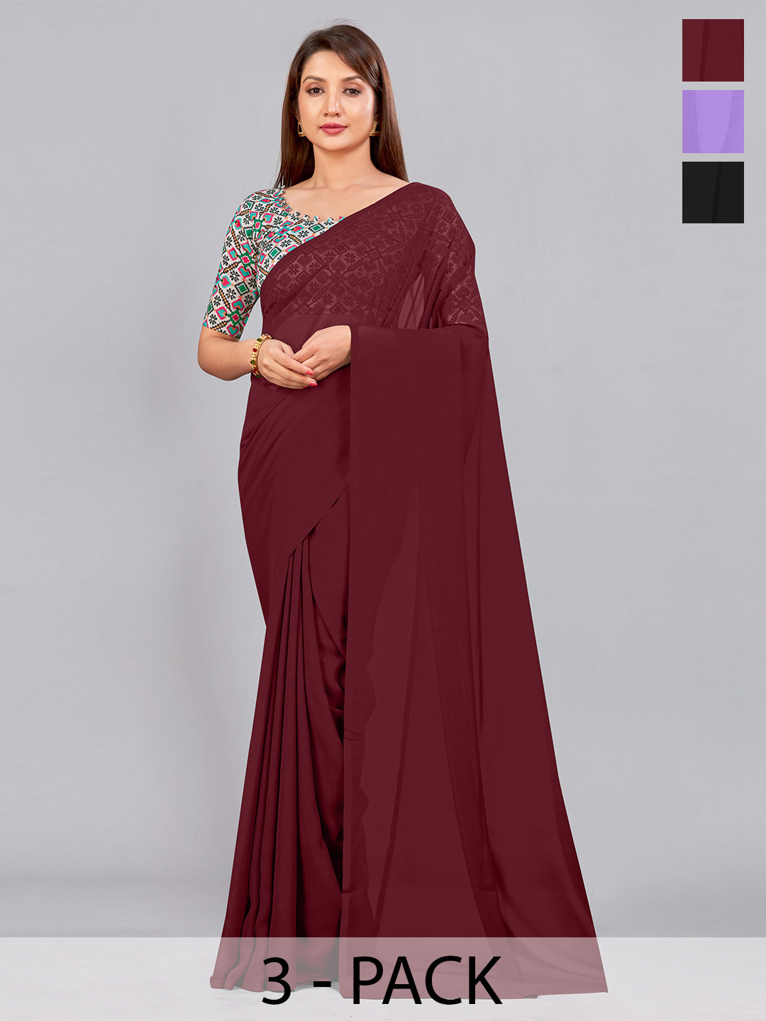 

CastilloFab Selection of 3 Pure Georgette Saree, Maroon