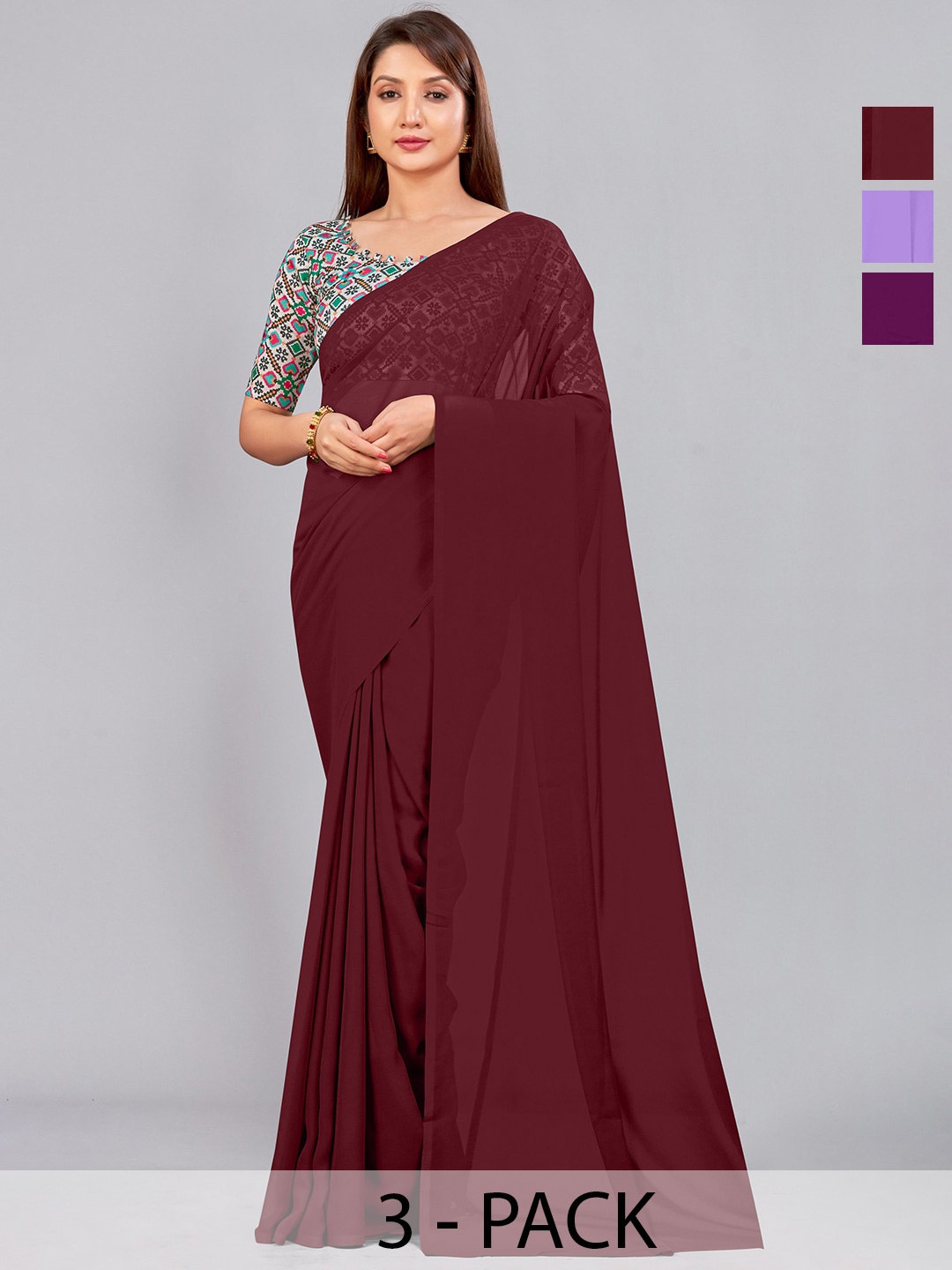 

CastilloFab Selection of 3 Pure Georgette Saree, Maroon