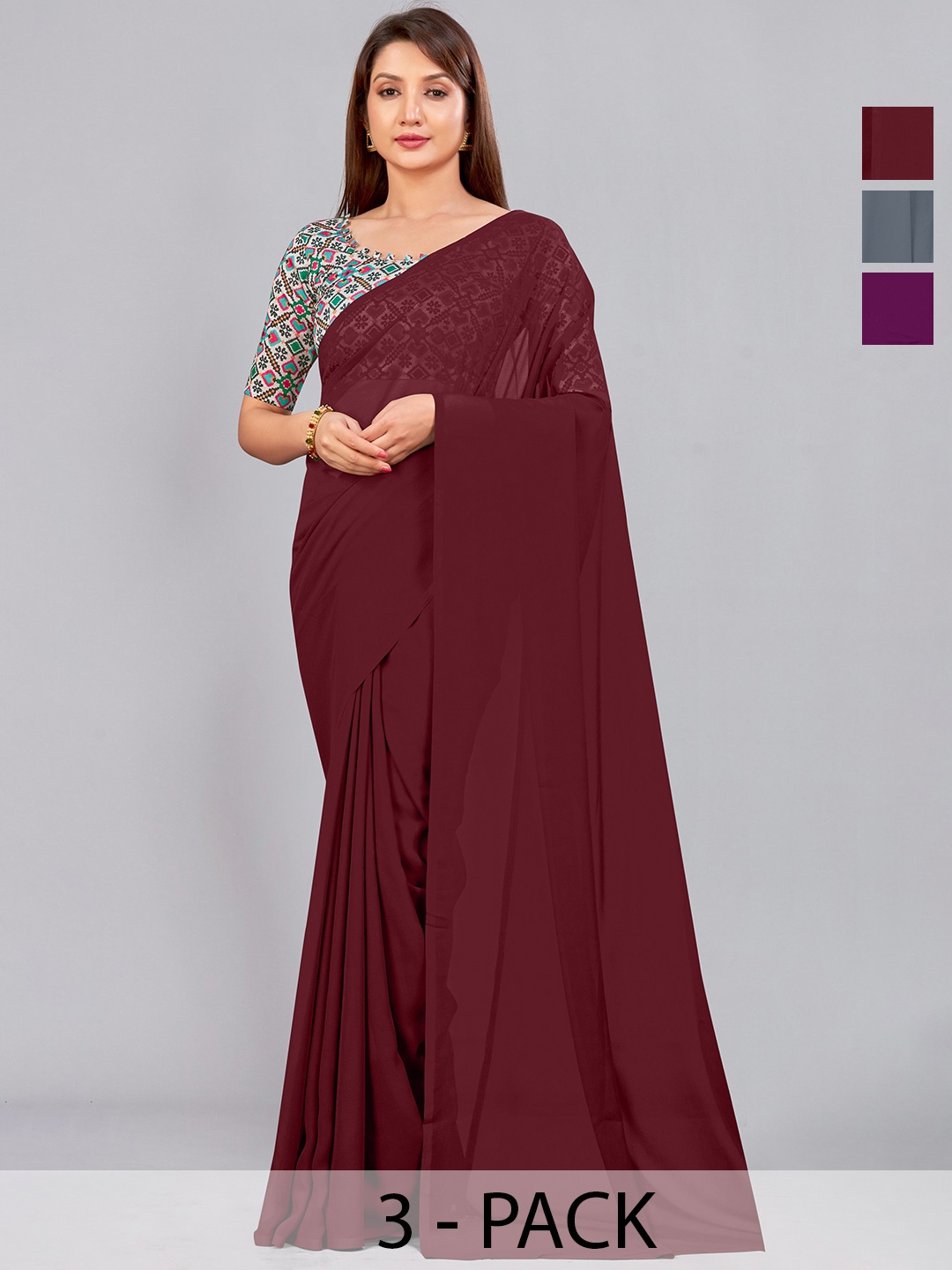

CastilloFab Selection of 3 Pure Georgette Saree, Maroon