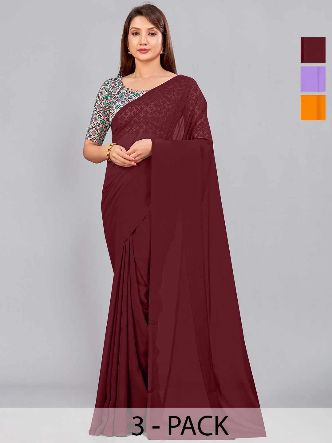 

CastilloFab Selection of 3 Pure Georgette Saree, Maroon