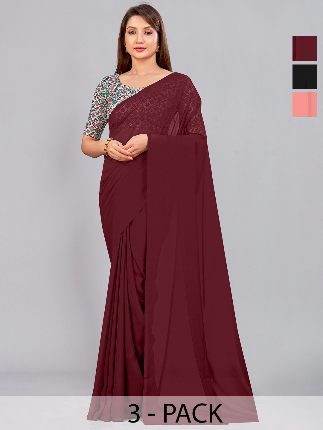 

CastilloFab Selection of 3 Pure Georgette Saree, Maroon
