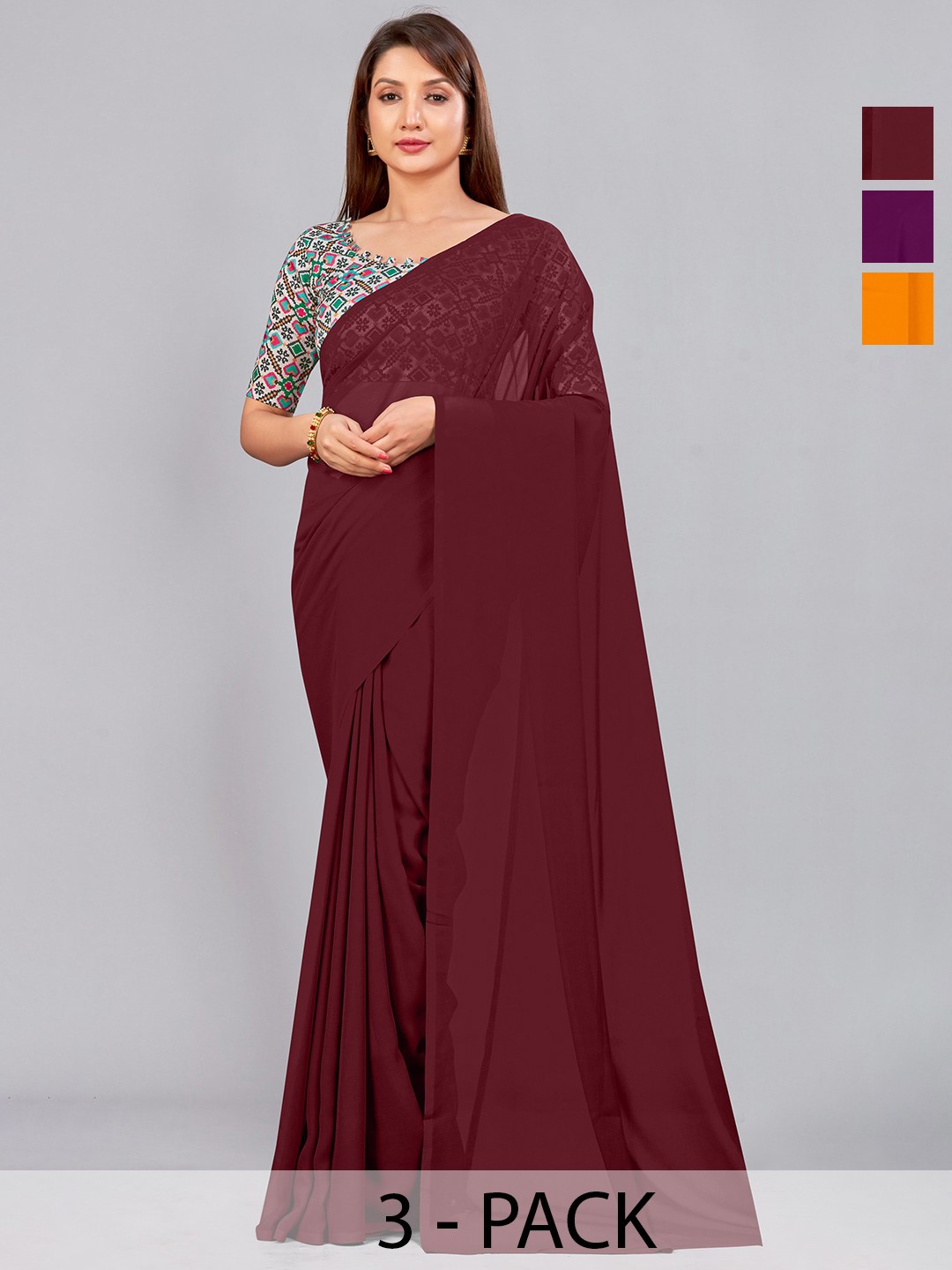 

CastilloFab Selection of 3 Pure Georgette Saree, Maroon