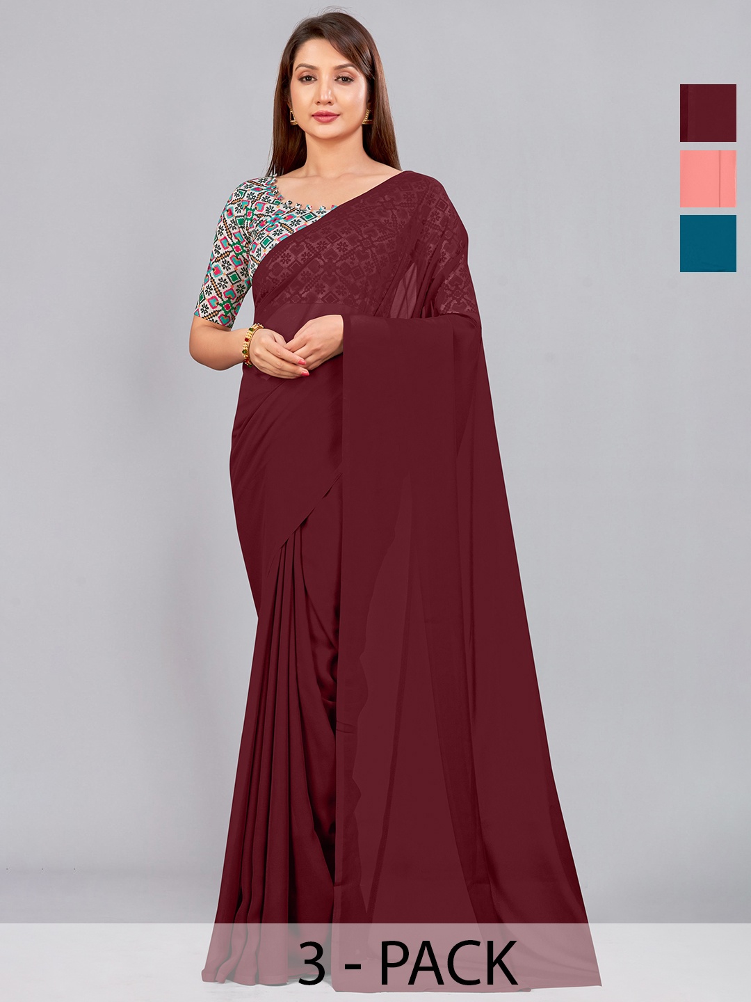 

CastilloFab Selection Of 3 Pure Georgette Saree, Maroon