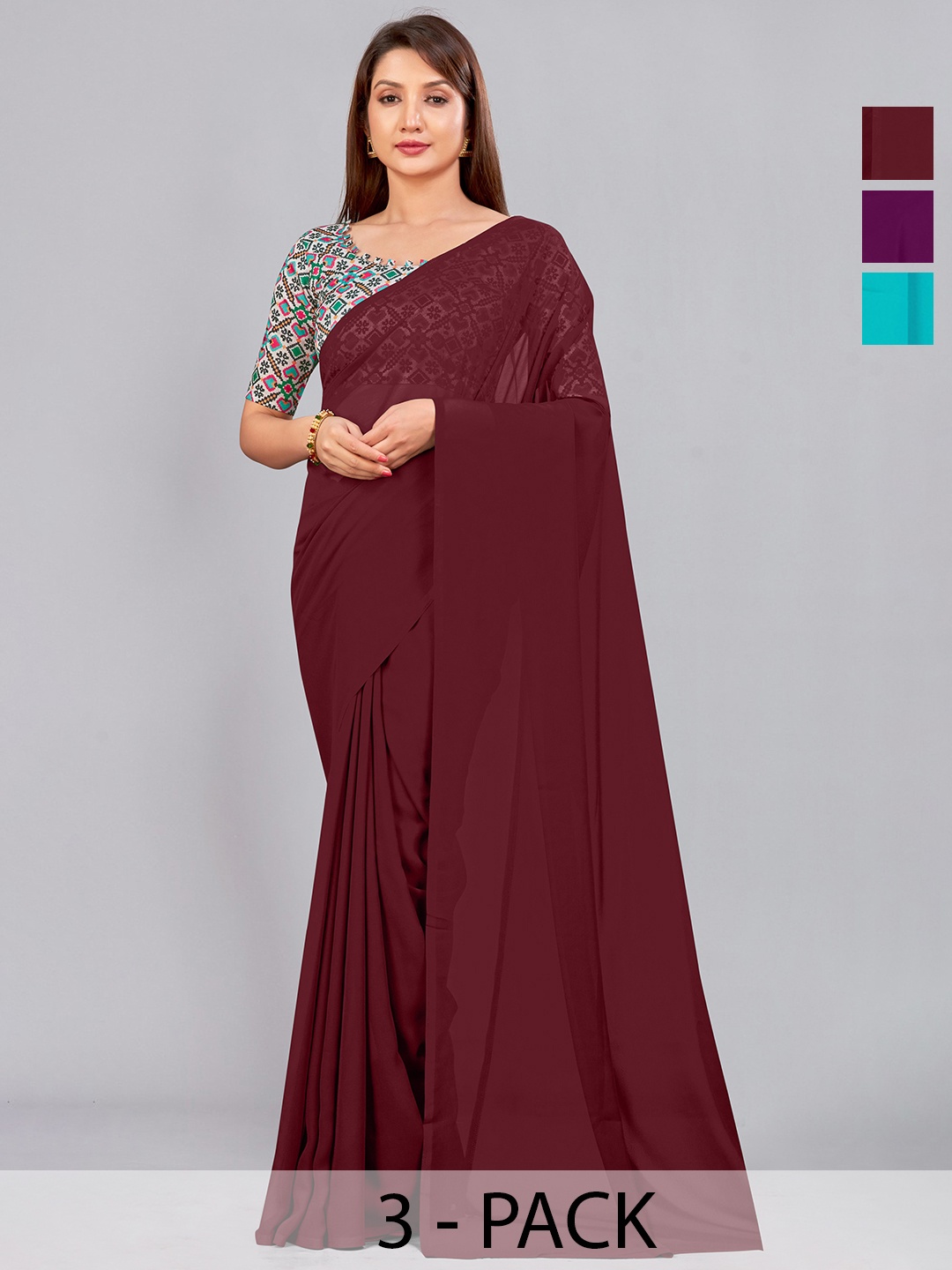 

CastilloFab Selection of 3 Pure Georgette Saree, Maroon