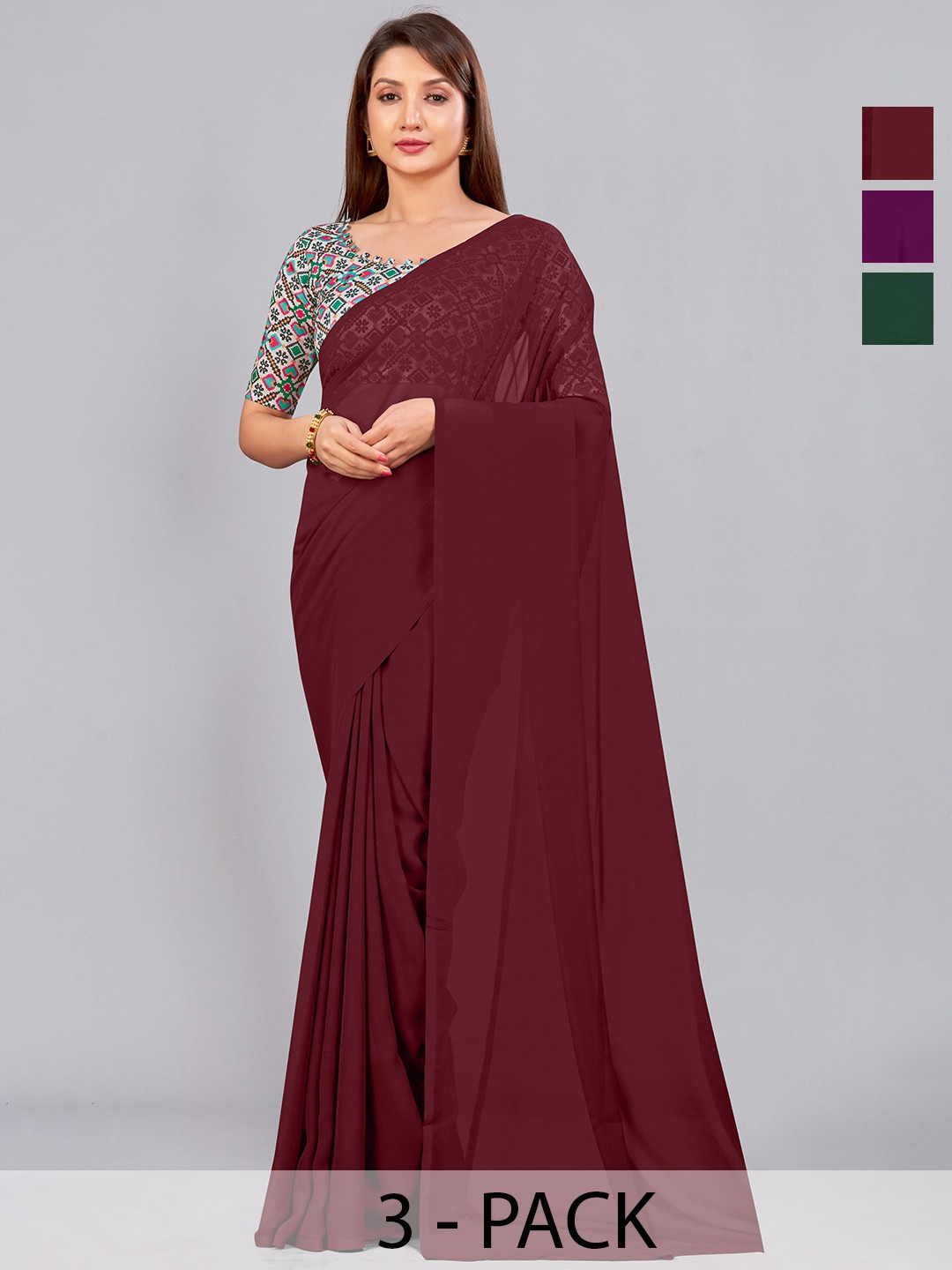

CastilloFab Selection Of 3 Pure Georgette Saree, Maroon