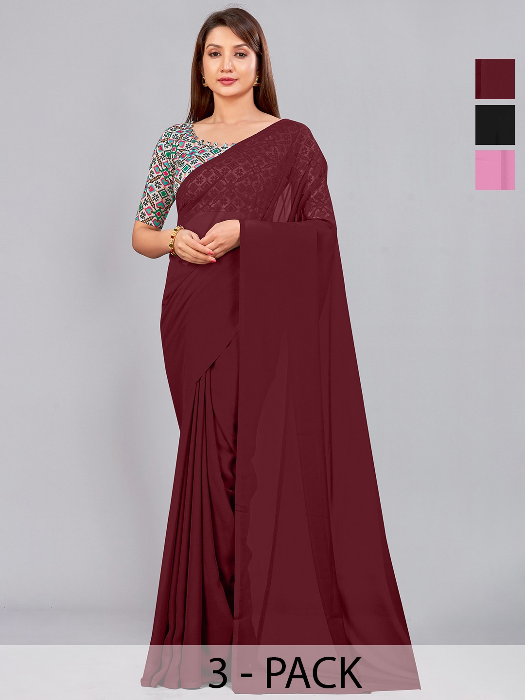 

CastilloFab Selection of 3 Pure Georgette Saree, Maroon