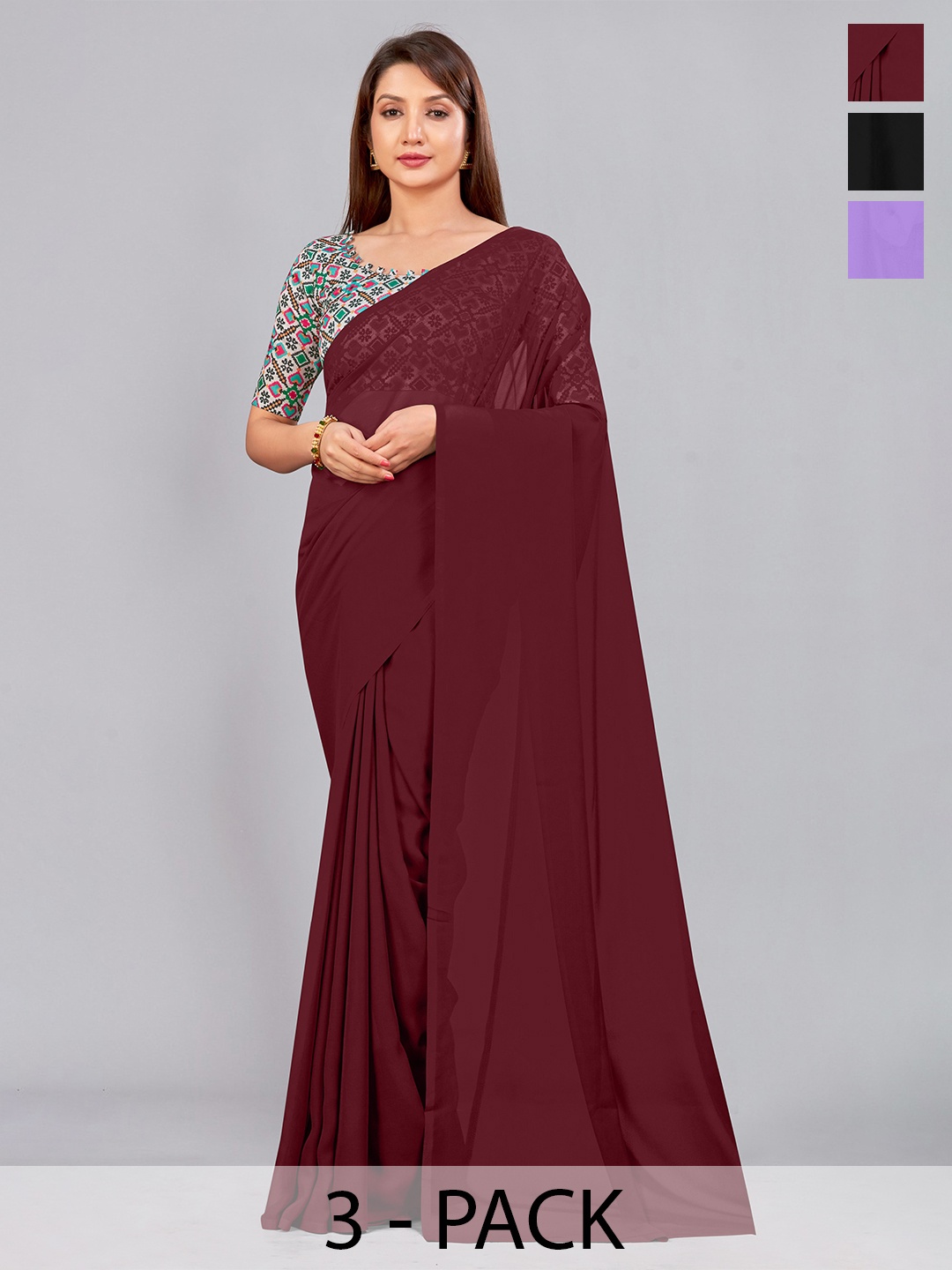 

CastilloFab Selection of 3 Pure Georgette Saree, Maroon