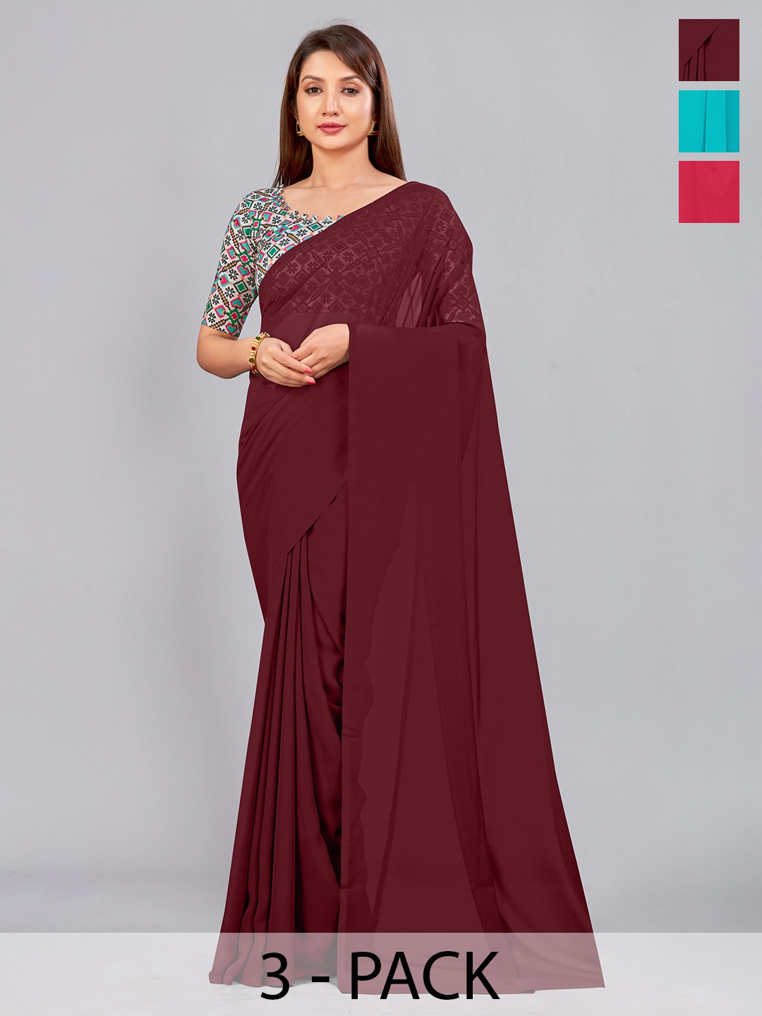 

CastilloFab Selection of 3 Pure Georgette Saree, Maroon