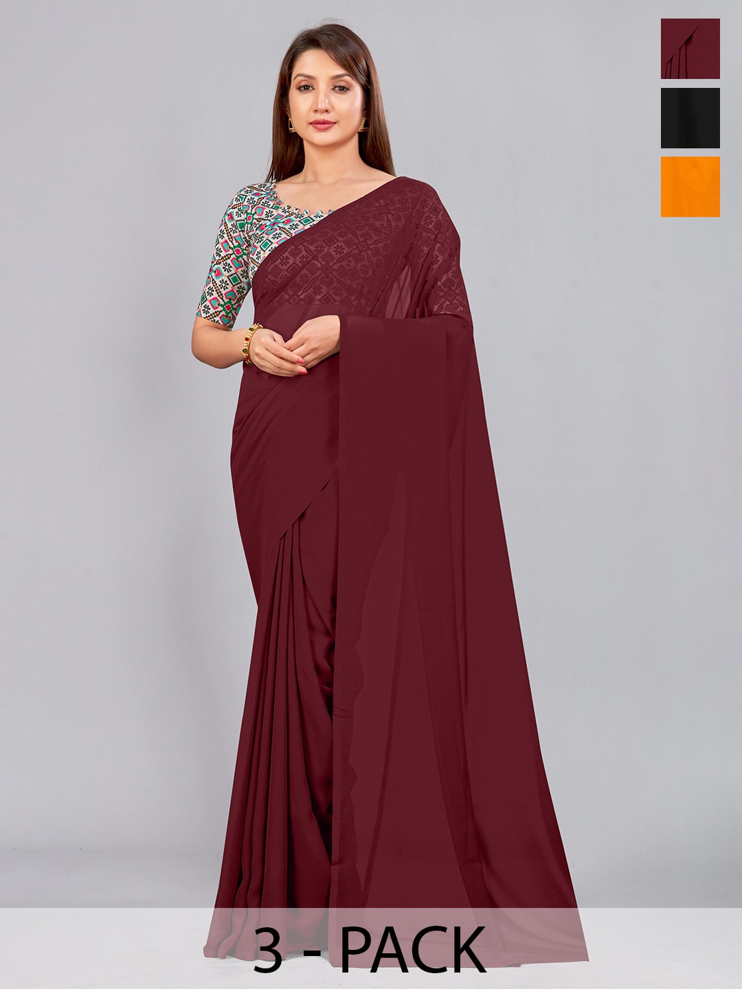 

CastilloFab Selection Of 3 Pure Georgette Saree, Maroon