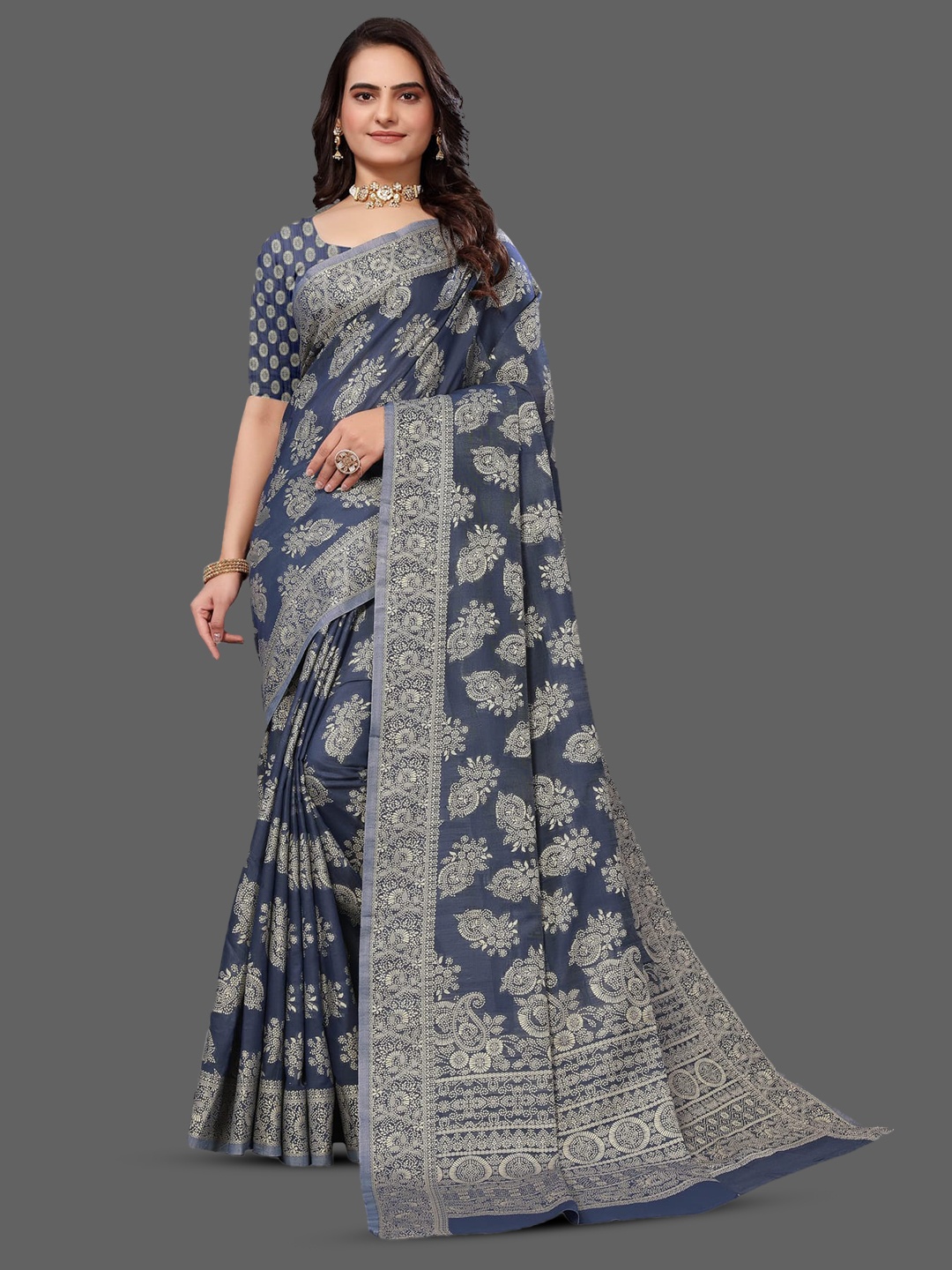 

Mitera Ethnic Motifs Woven Design Chikankari Silk Cotton Paithani Saree, Grey