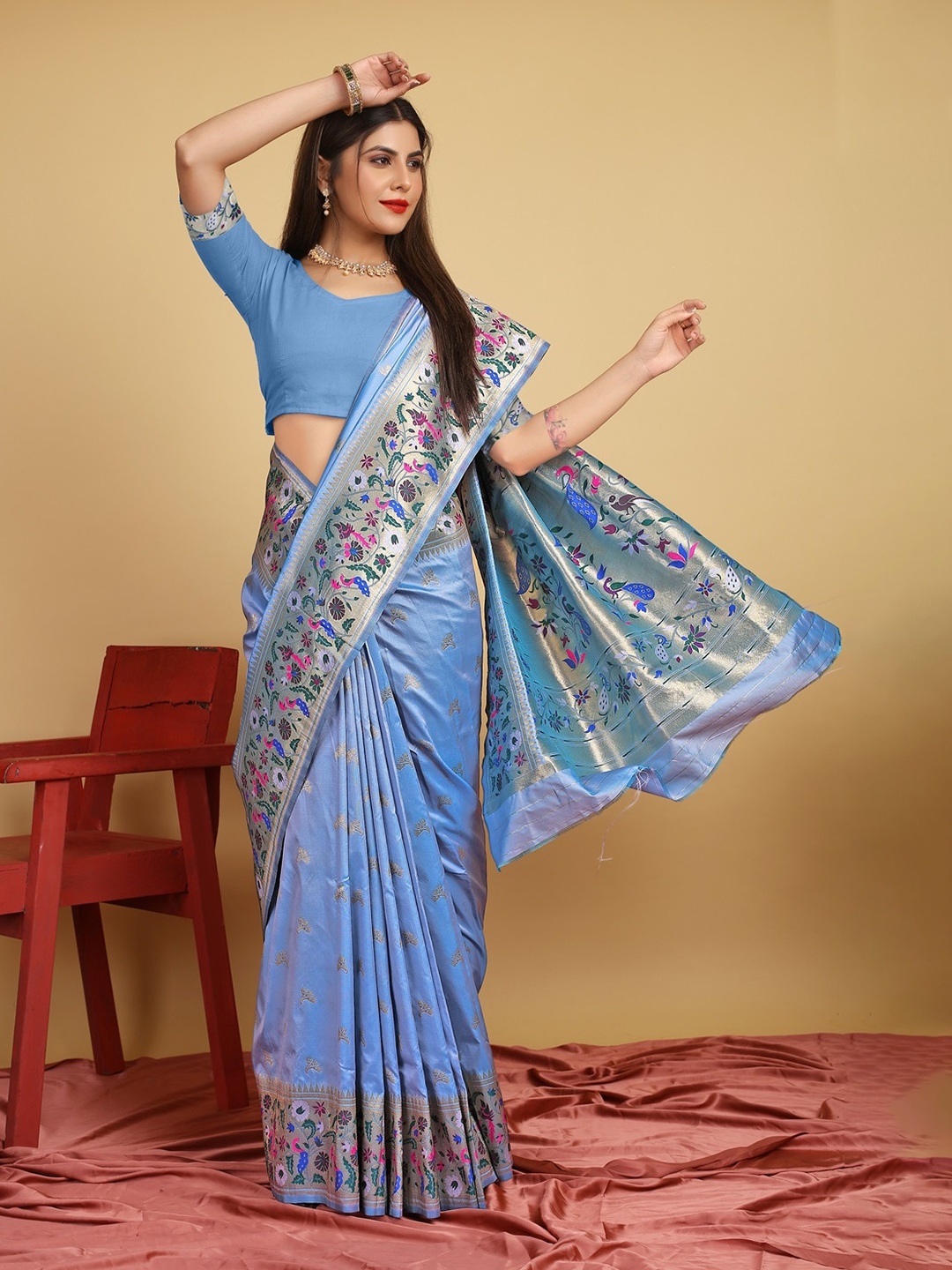 

CANIZZARO Ethnic Motifs Woven Design Zari Pure Silk Paithani Saree, Turquoise blue