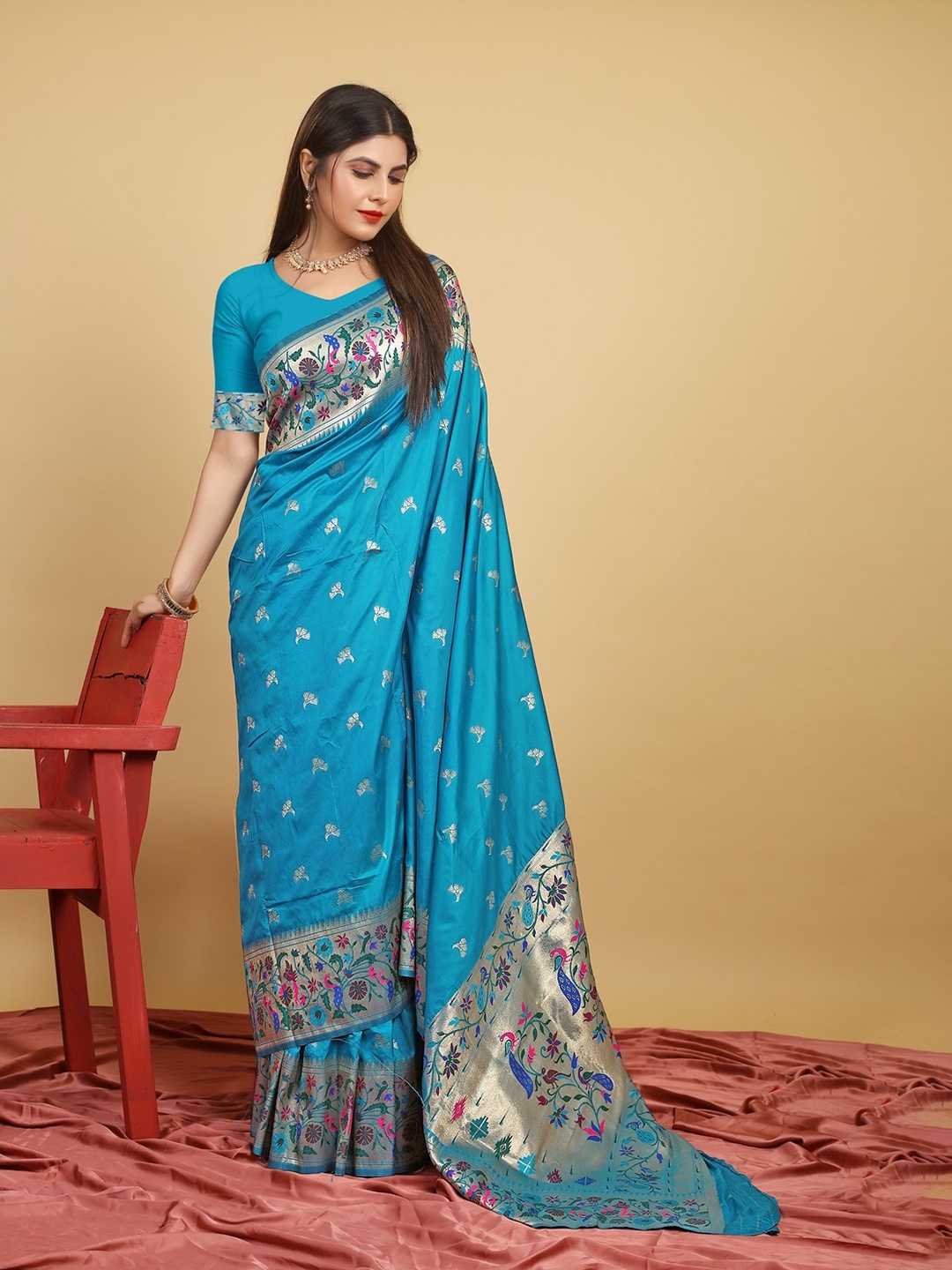 

CANIZZARO Ethnic Motifs Woven Design Zari Pure Silk Paithani Saree, Turquoise blue