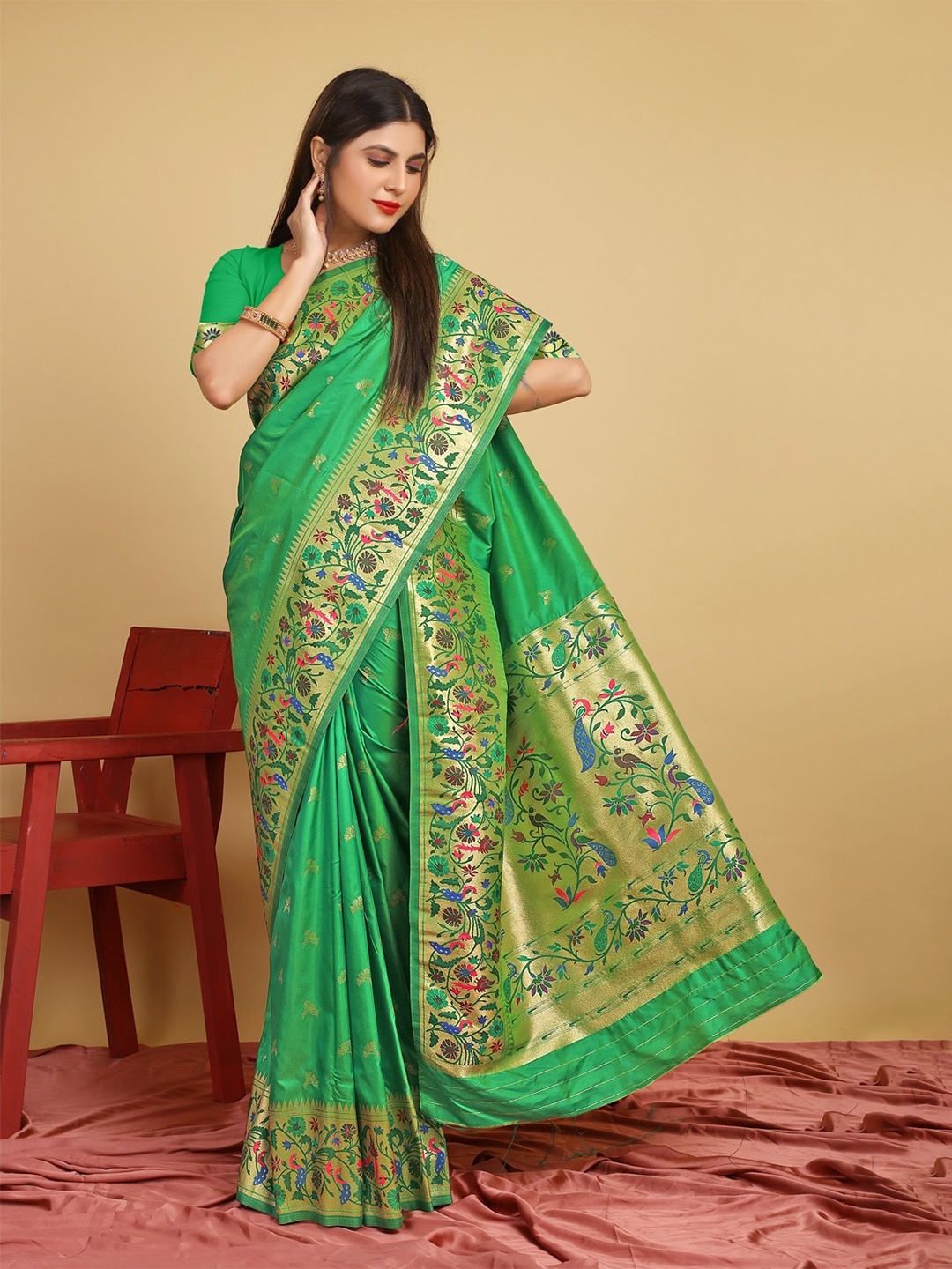

CANIZZARO Ethnic Motifs Woven Design Zari Pure Silk Paithani Saree, Green