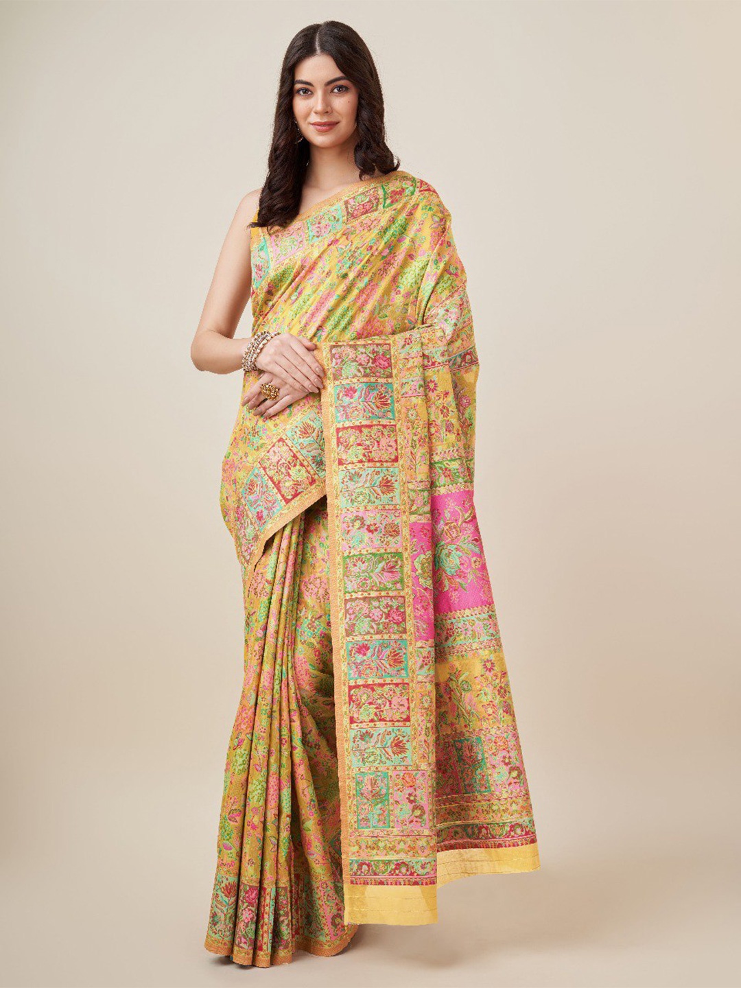 

VEERAX Floral Woven Design Pashmina Jamdani Saree, Yellow