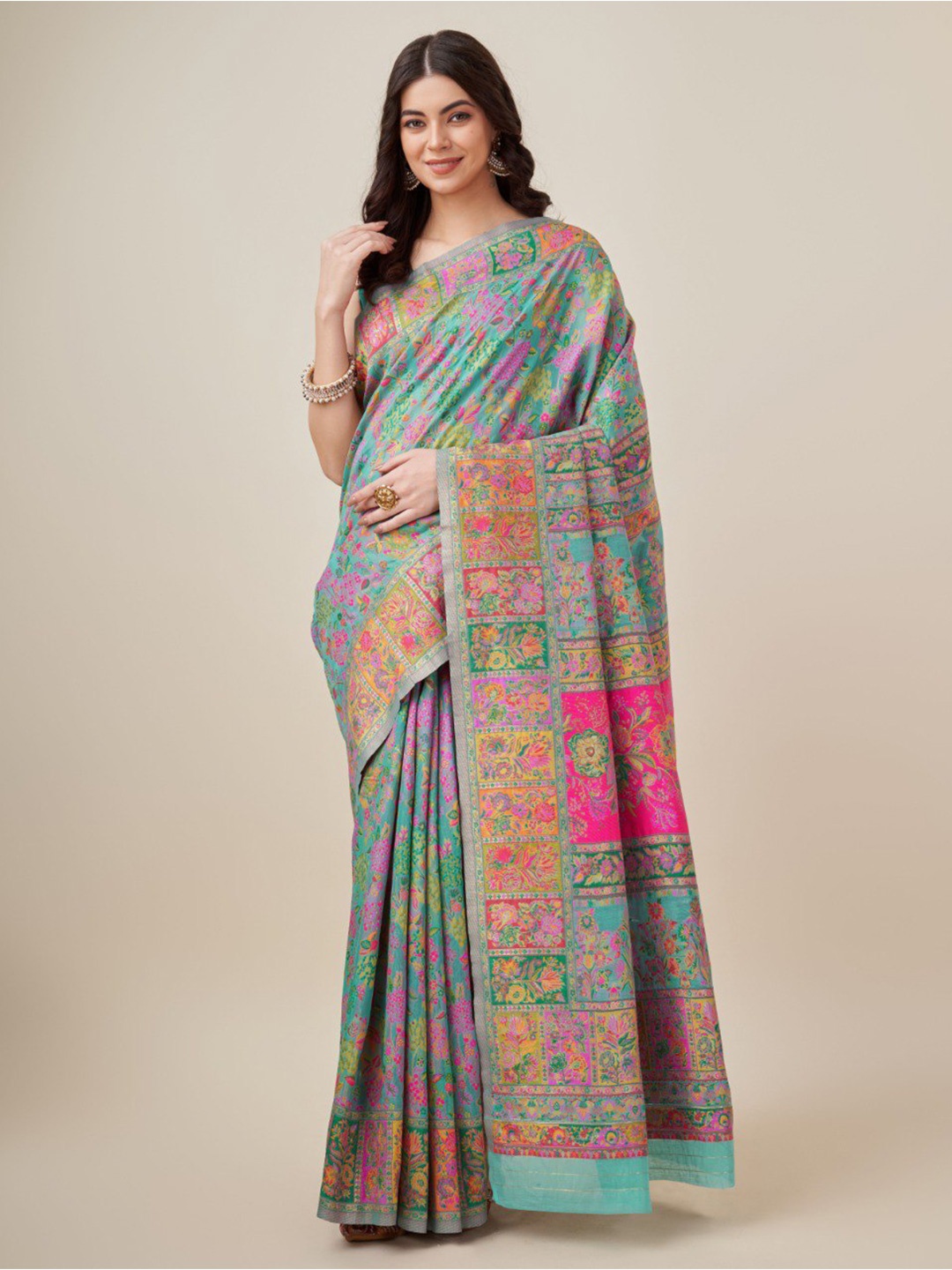 

VEERAX Floral Woven Design Pashmina Jamdani Saree, Sea green