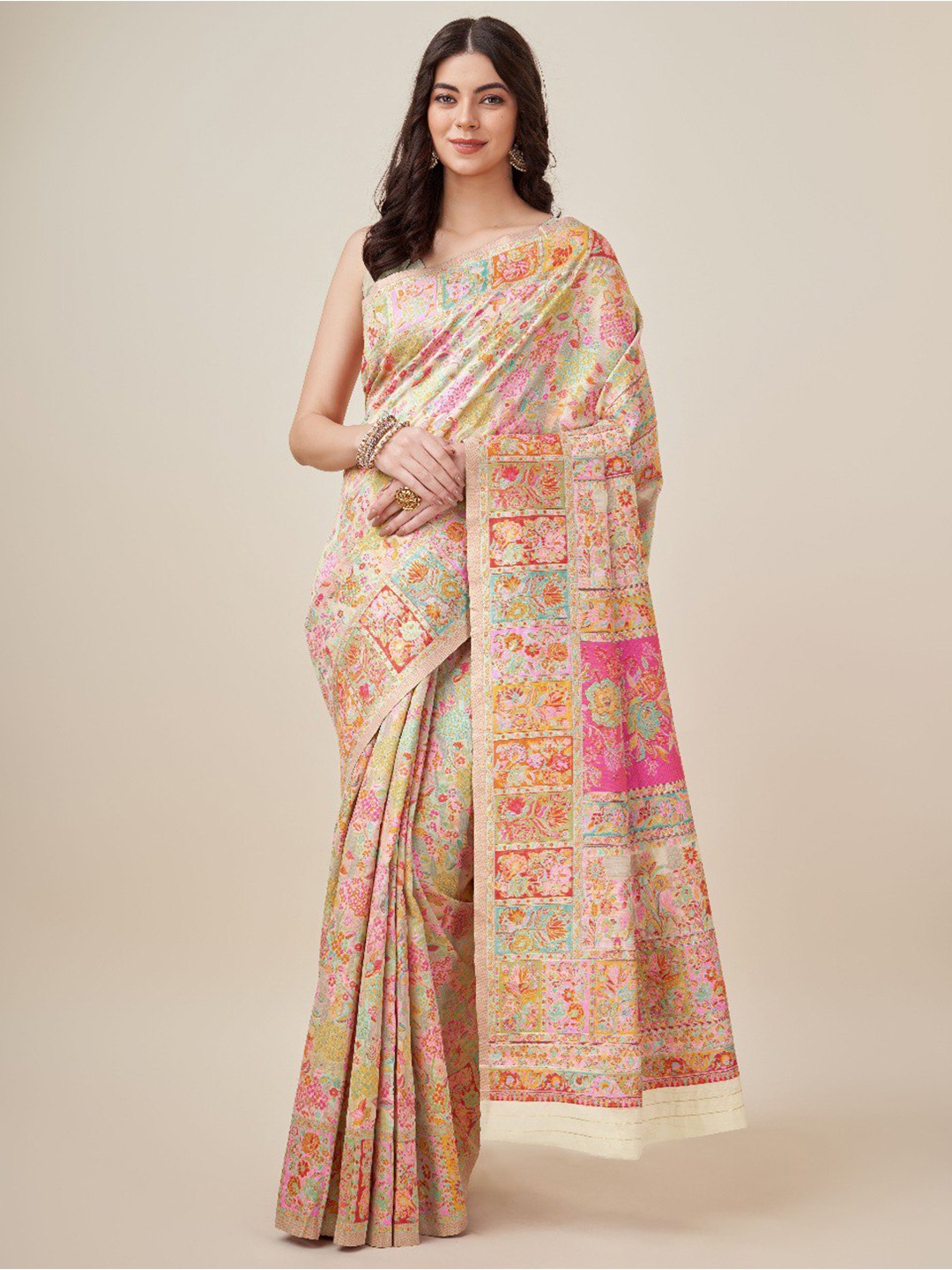 

VEERAX Floral Woven Design Pashmina Jamdani Saree, Cream