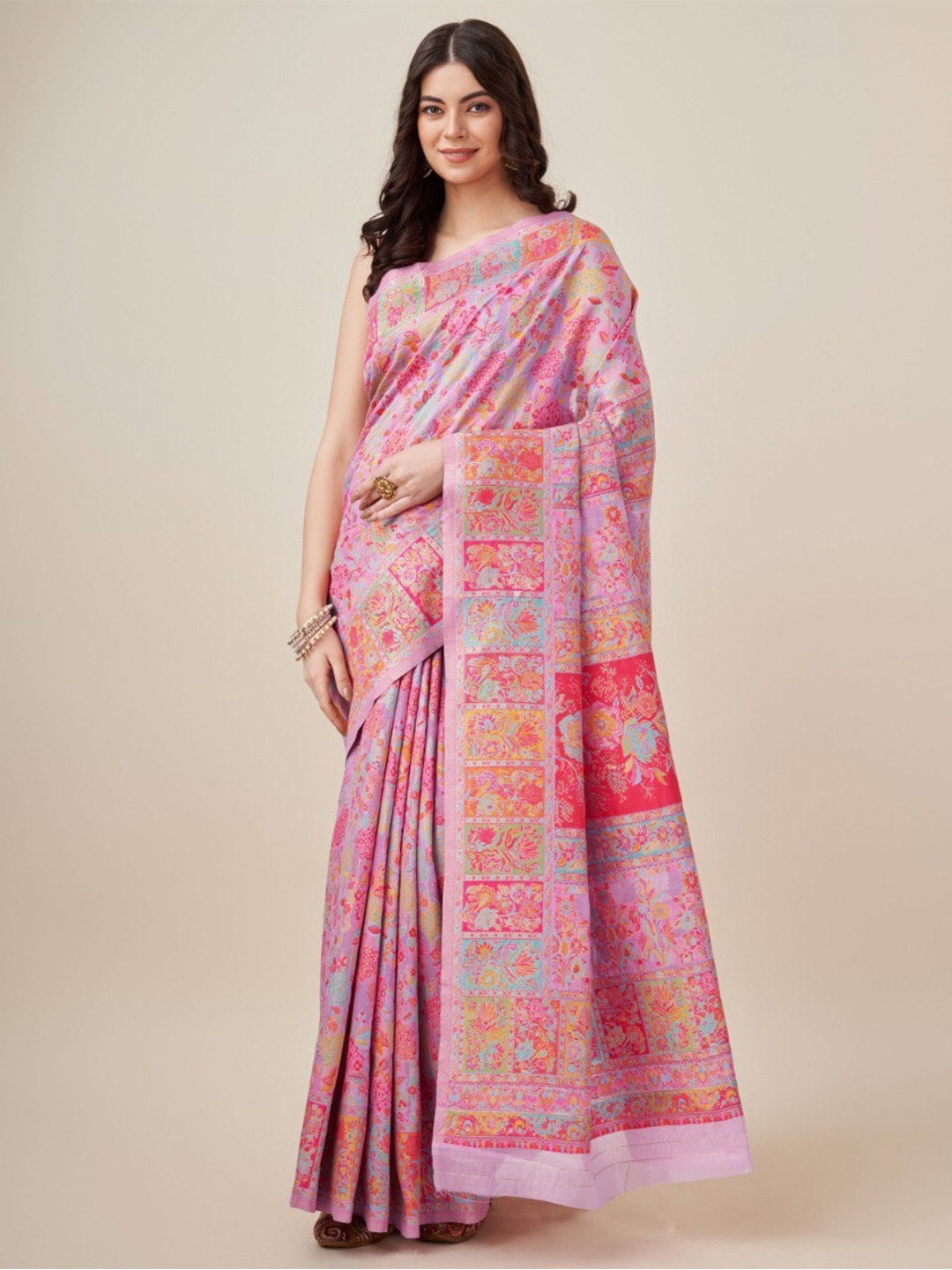 

VEERAX Floral Woven Design Pashmina Jamdani Saree, Pink