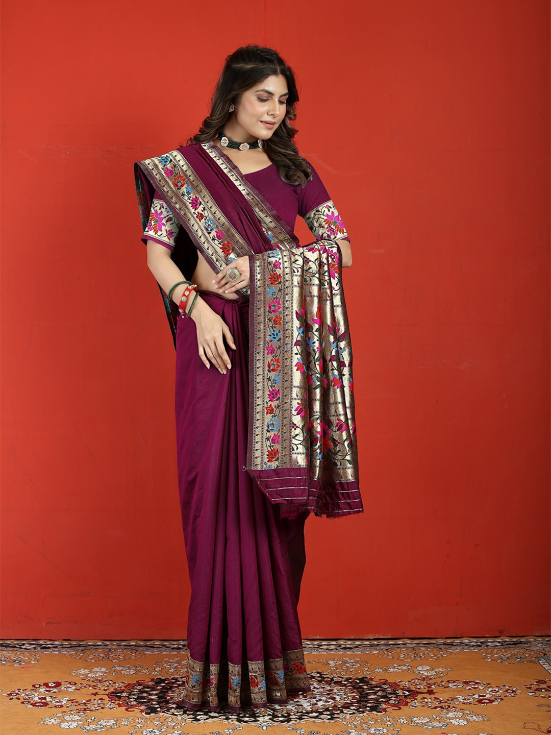 

CANIZZARO Ethnic Motif Woven Design Pure Silk Paithani Zari Saree, Magenta