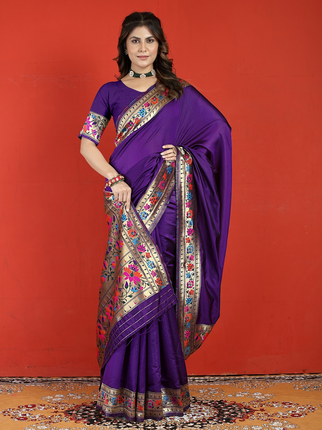 

CANIZZARO Ethnic Motifs Woven Design Zari Pure Silk Paithani Saree, Purple