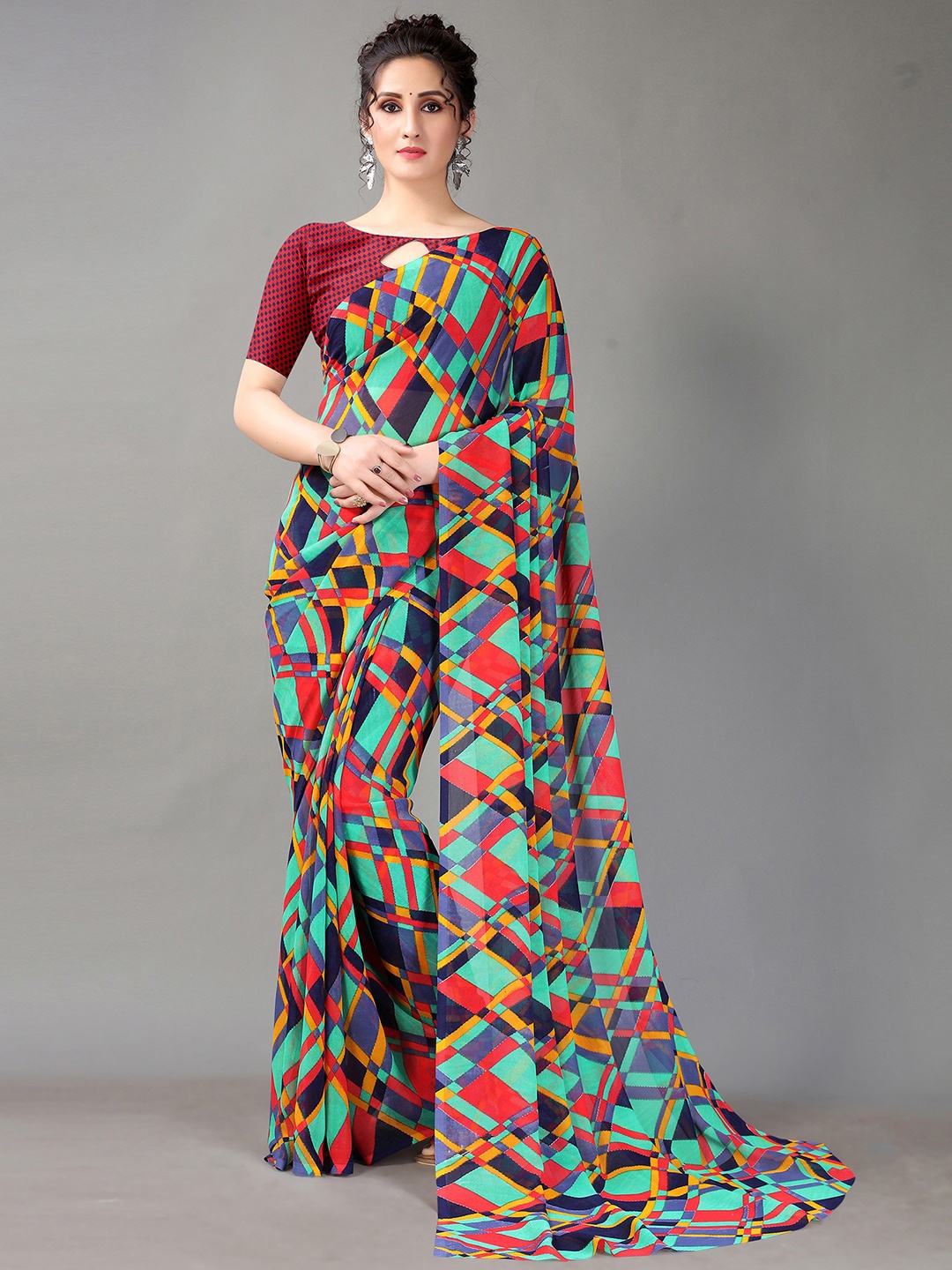 

KALINI Geometric Printed Saree, Red
