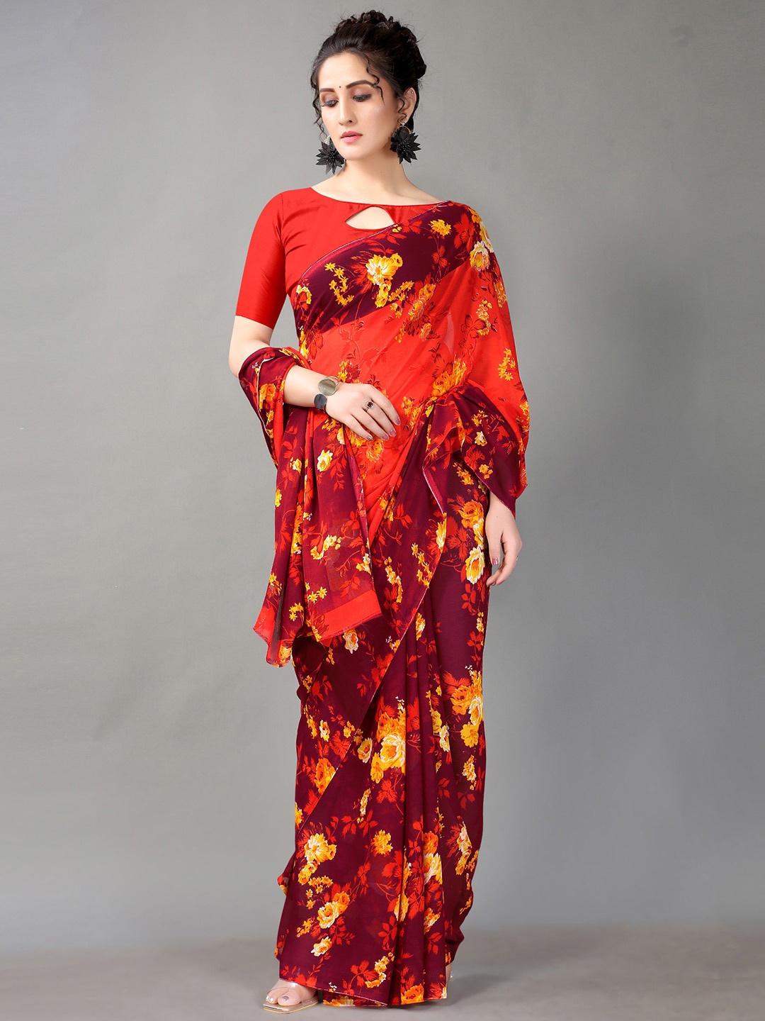 KALINI Floral Printed Saree, Red