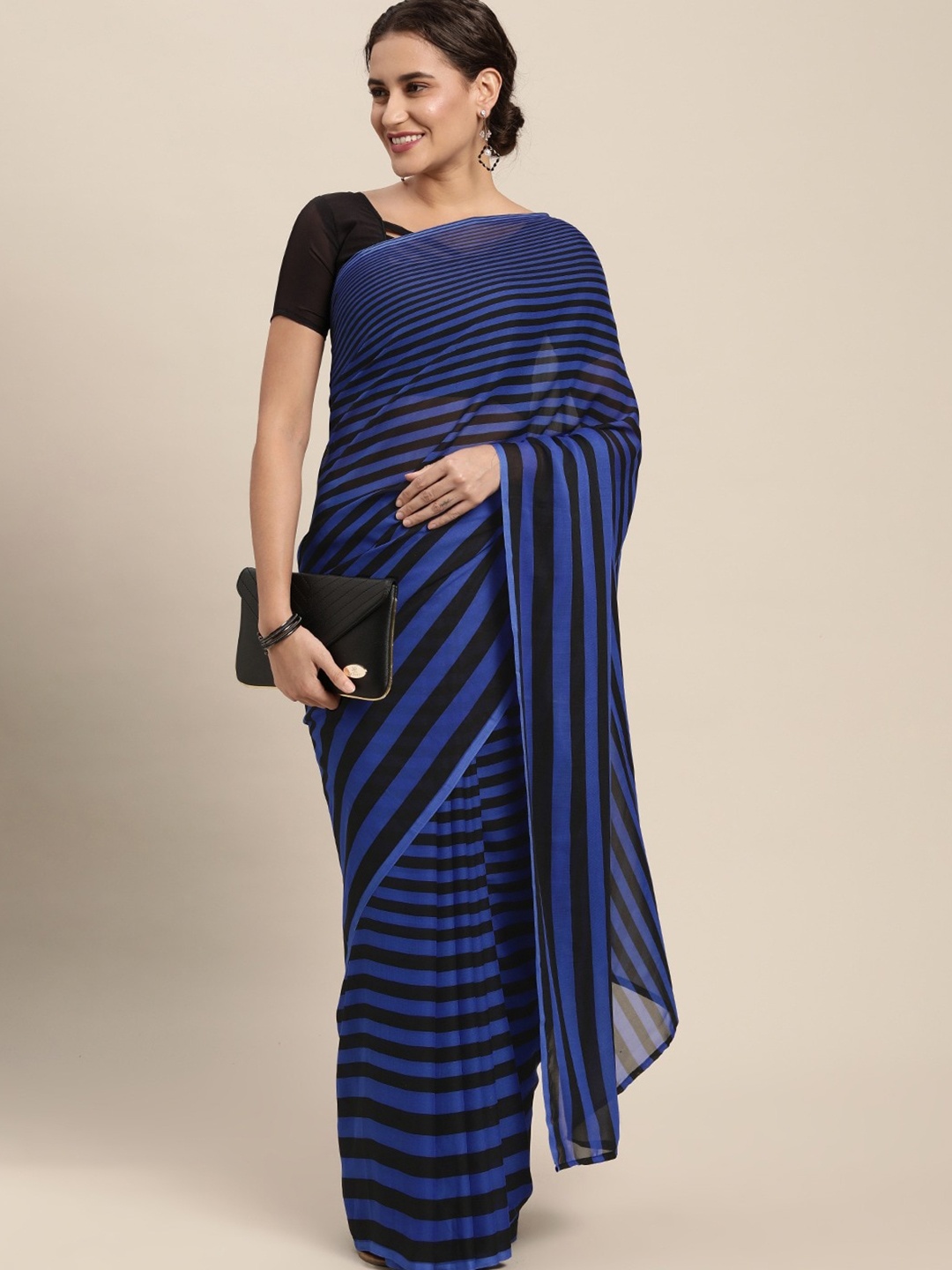 

KALINI Striped Poly Georgette Saree, Blue
