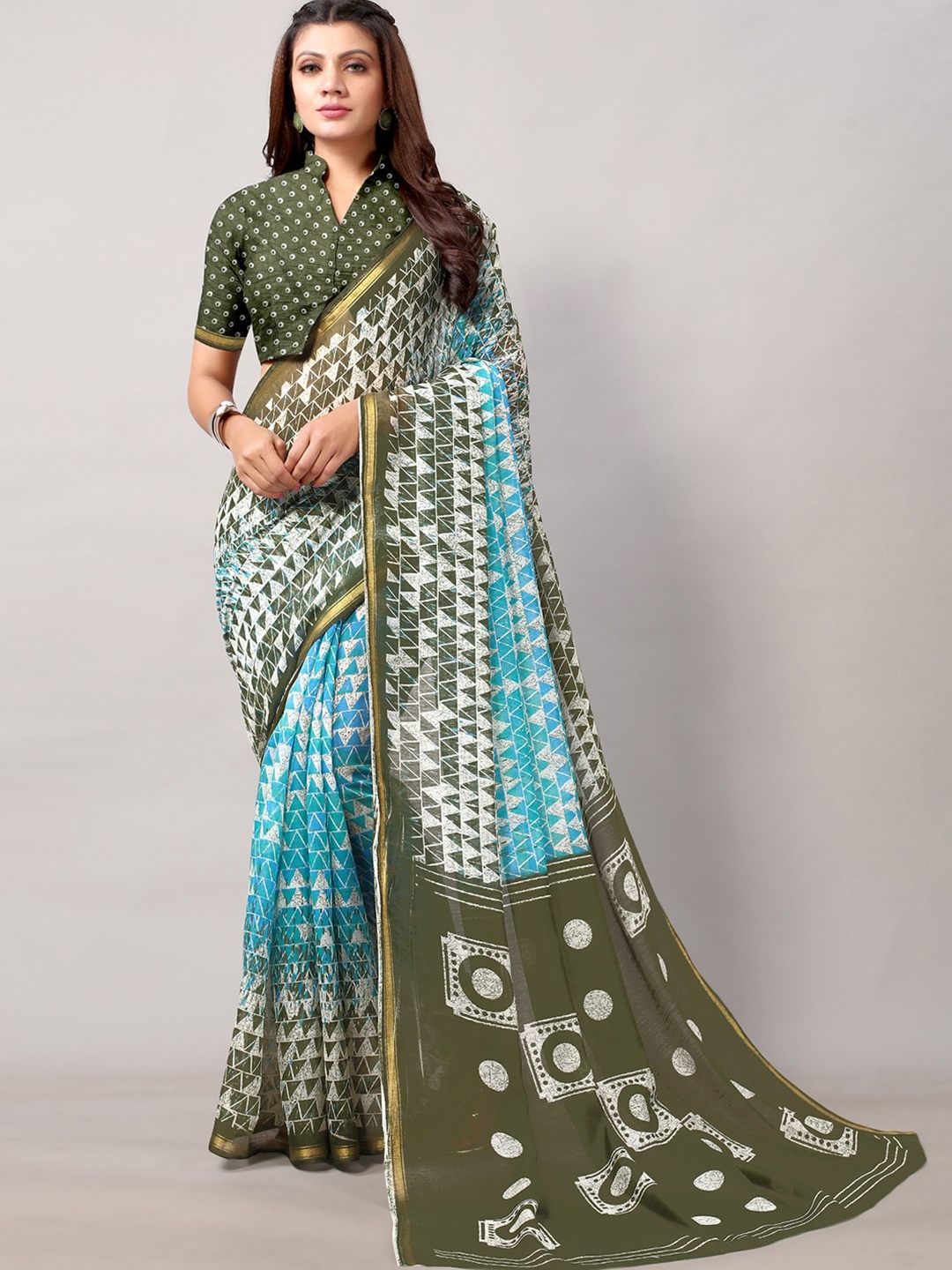 

KALINI Geometric Printed Zari Saree, Olive