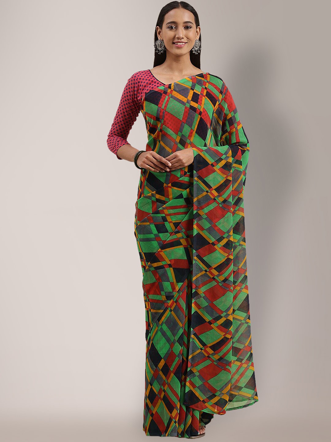 

KALINI Geometric Printed Poly Georgette Saree, Green