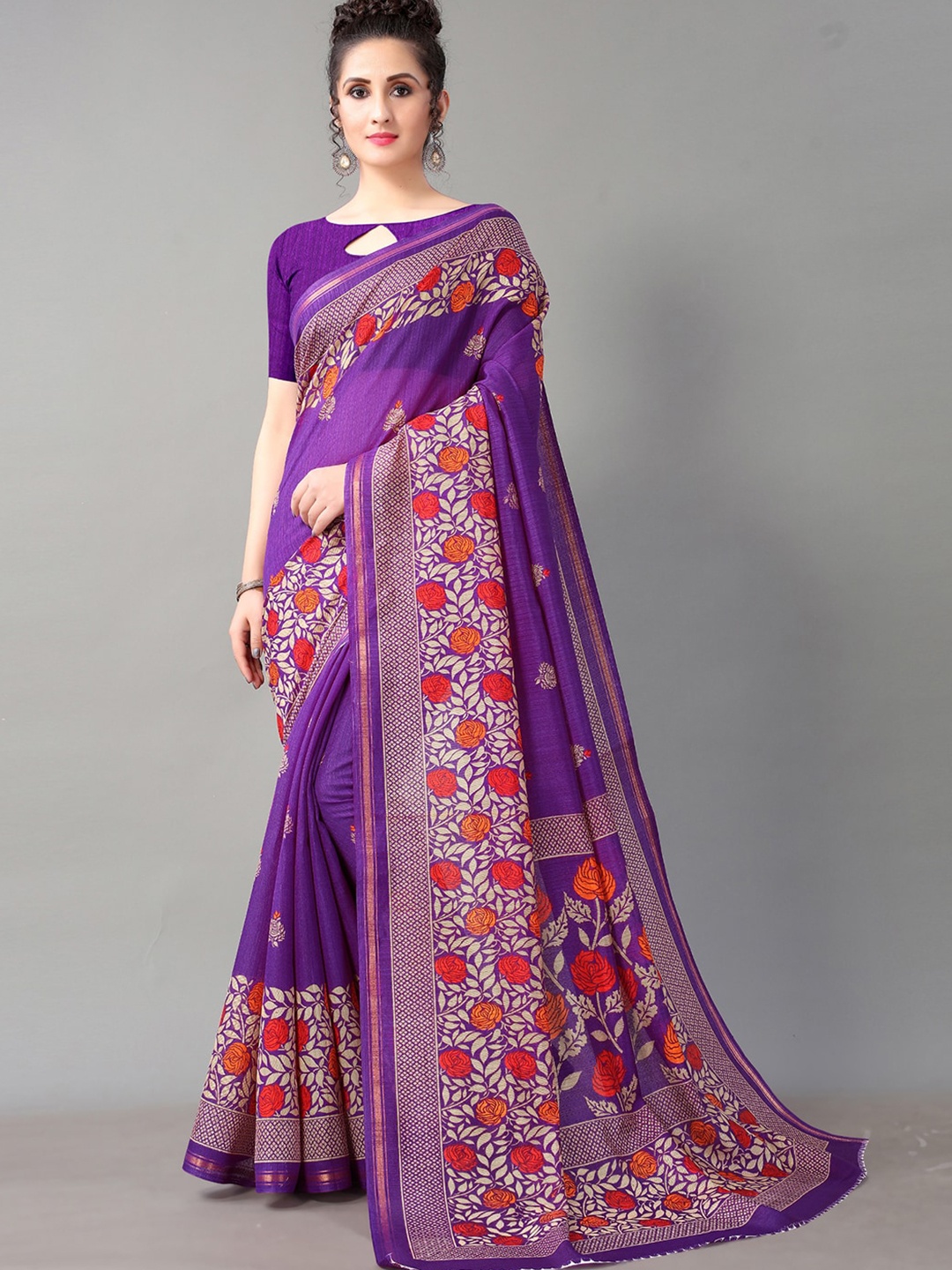 

KALINI Floral Block printed Zari Saree, Purple