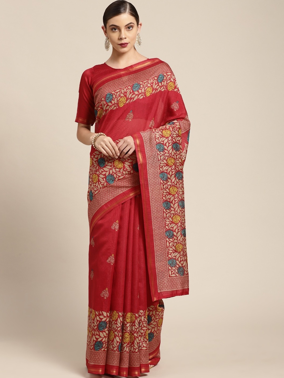 

KALINI Ethnic Motifs Block Print Zari Art Silk Saree, Red
