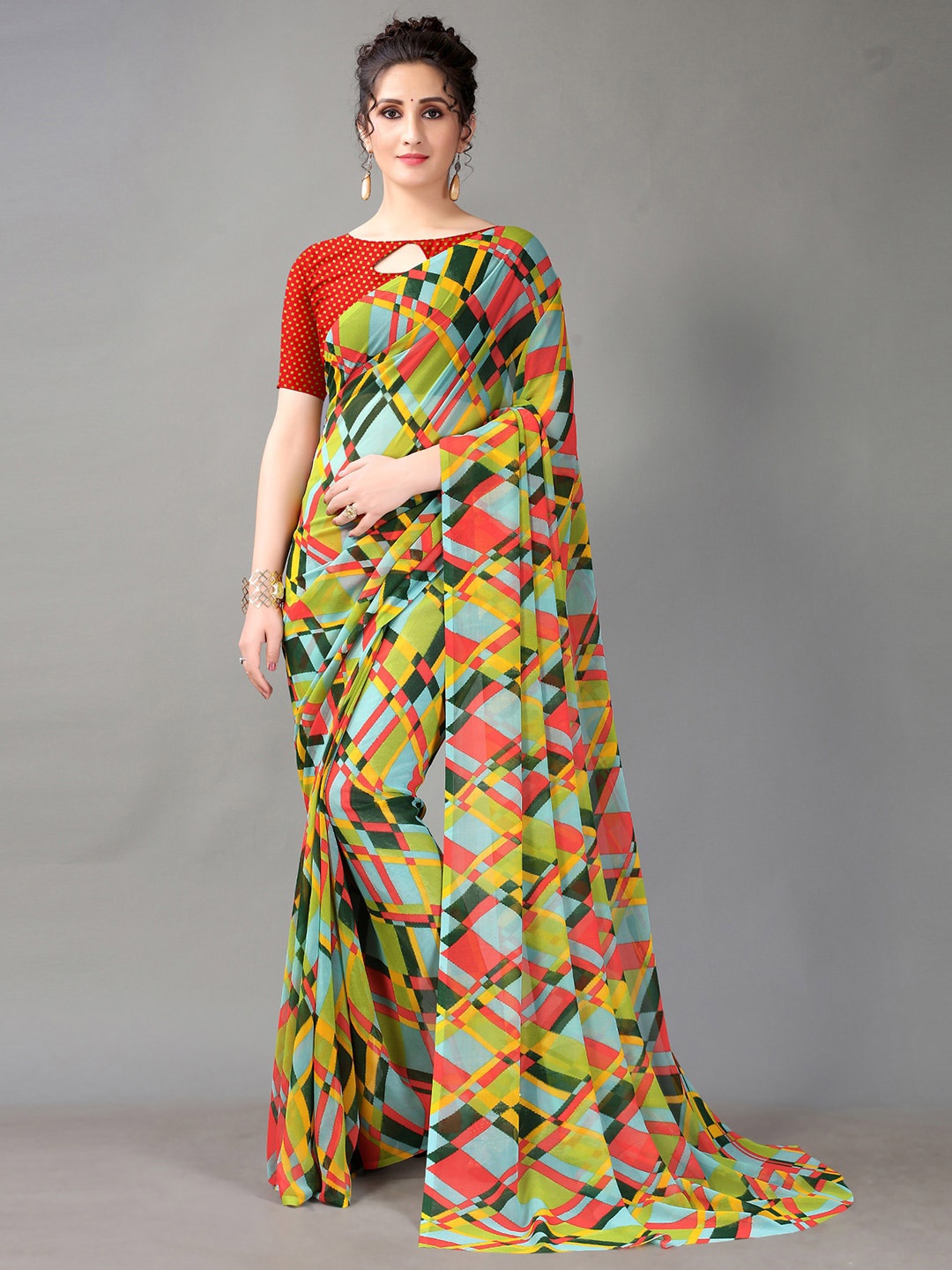 

KALINI Checked Poly Georgette Saree, Green