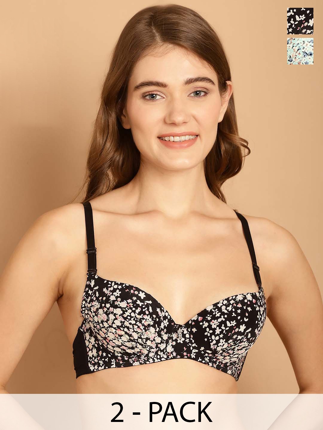 

Friskers Pack Of 2 Floral Printed Non Padded Non Wired Anti Microbial Everyday Bras, Turquoise blue