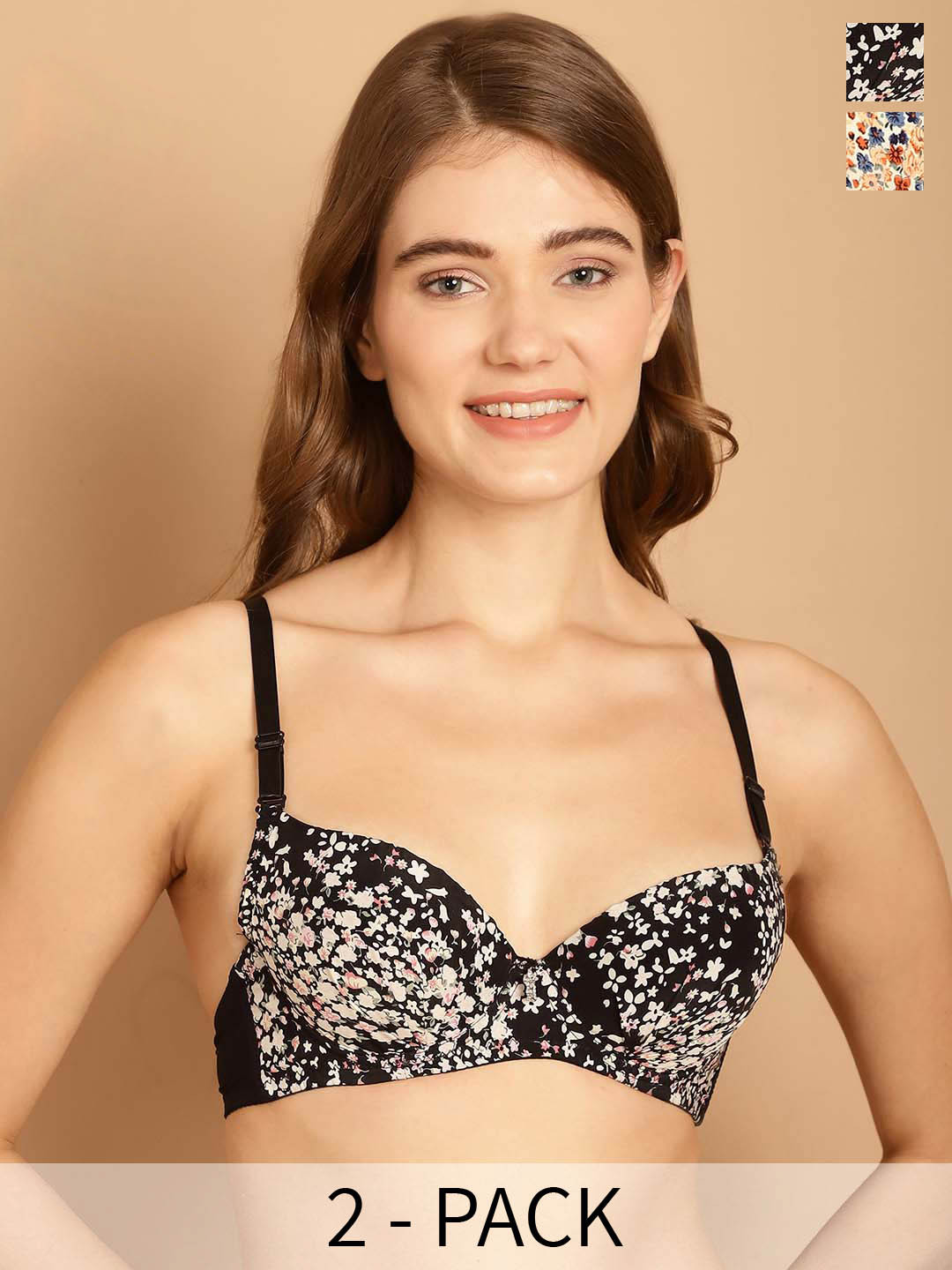 

Friskers Pack Of 2 Floral Printed Non Padded Non Wired Anti Microbial Everyday Bras, Beige