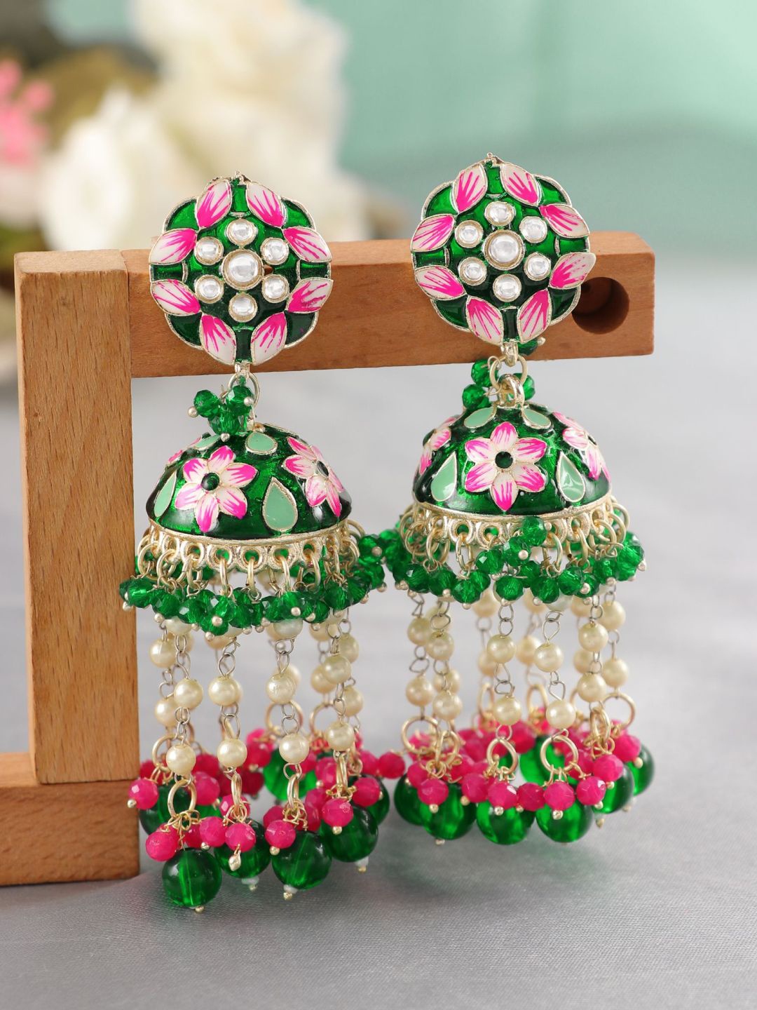 

Crunchy Fashion Gold-Plated Stone Studded Classic Meenakari Dome Shaped Jhumka