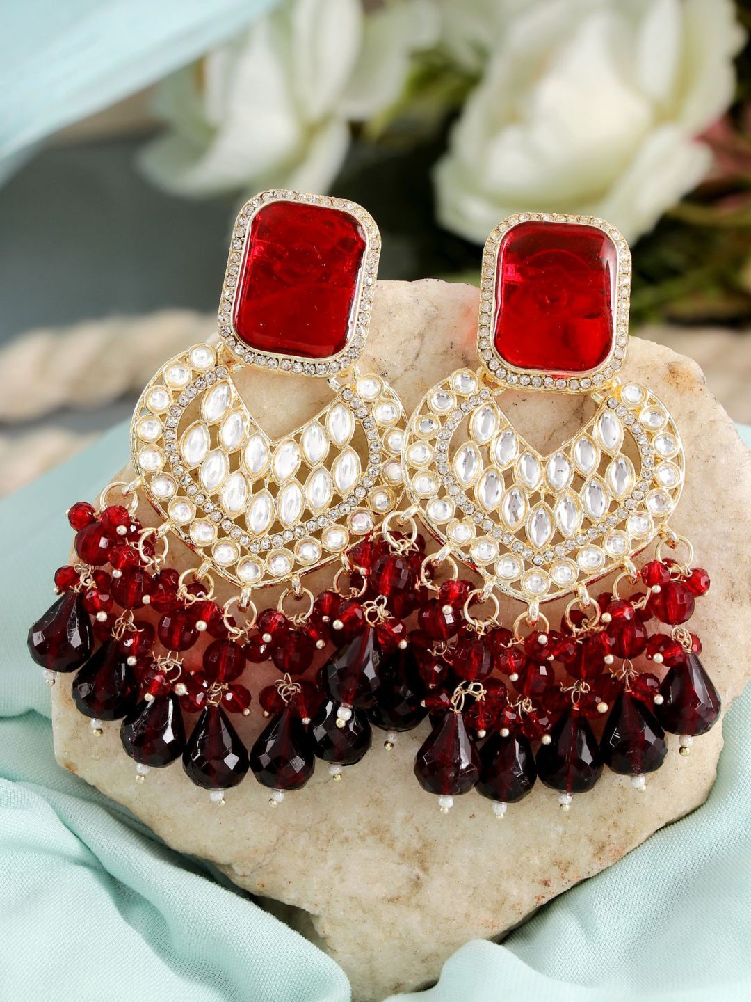 

Crunchy Fashion Copper-Plated Kundan Studded Dangler Drop Earrings, Gold