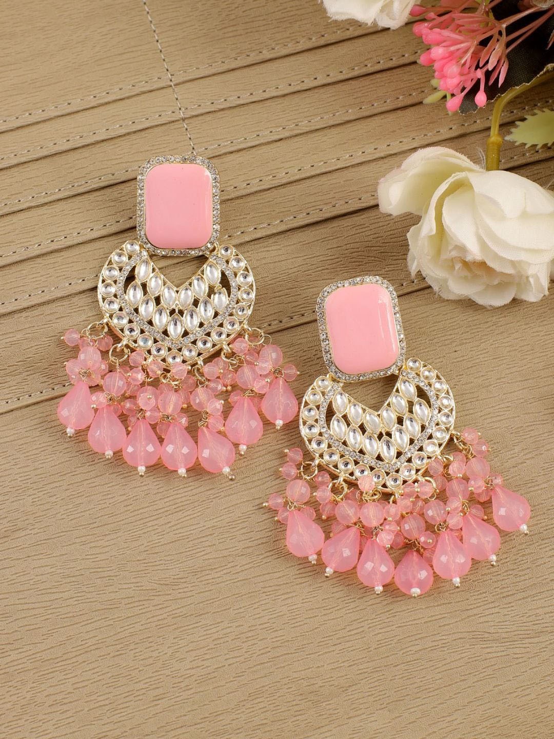 

Crunchy Fashion Copper-Plated Kundan Studded Dangler Drop Earrings, Gold