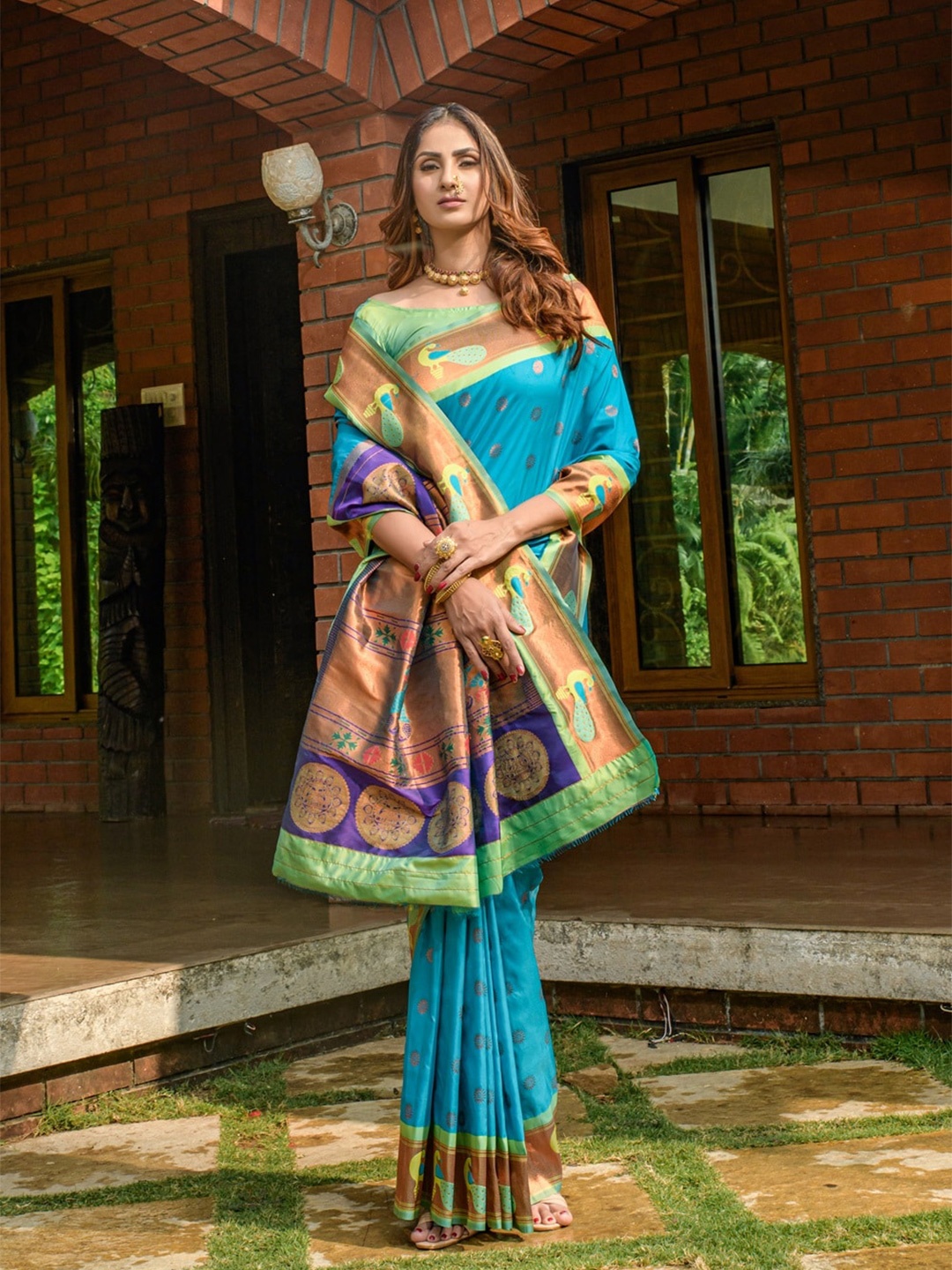 

CANIZZARO Ethnic Motifs Woven Design Zari Pure Silk Paithani Saree, Turquoise blue