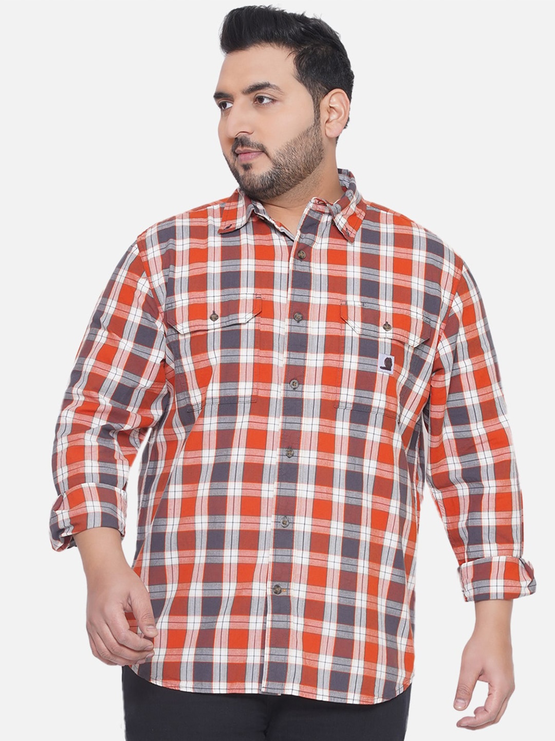 

Santonio Plus Size Classic Tartan Checks Opaque Cotton Casual Shirt, Orange