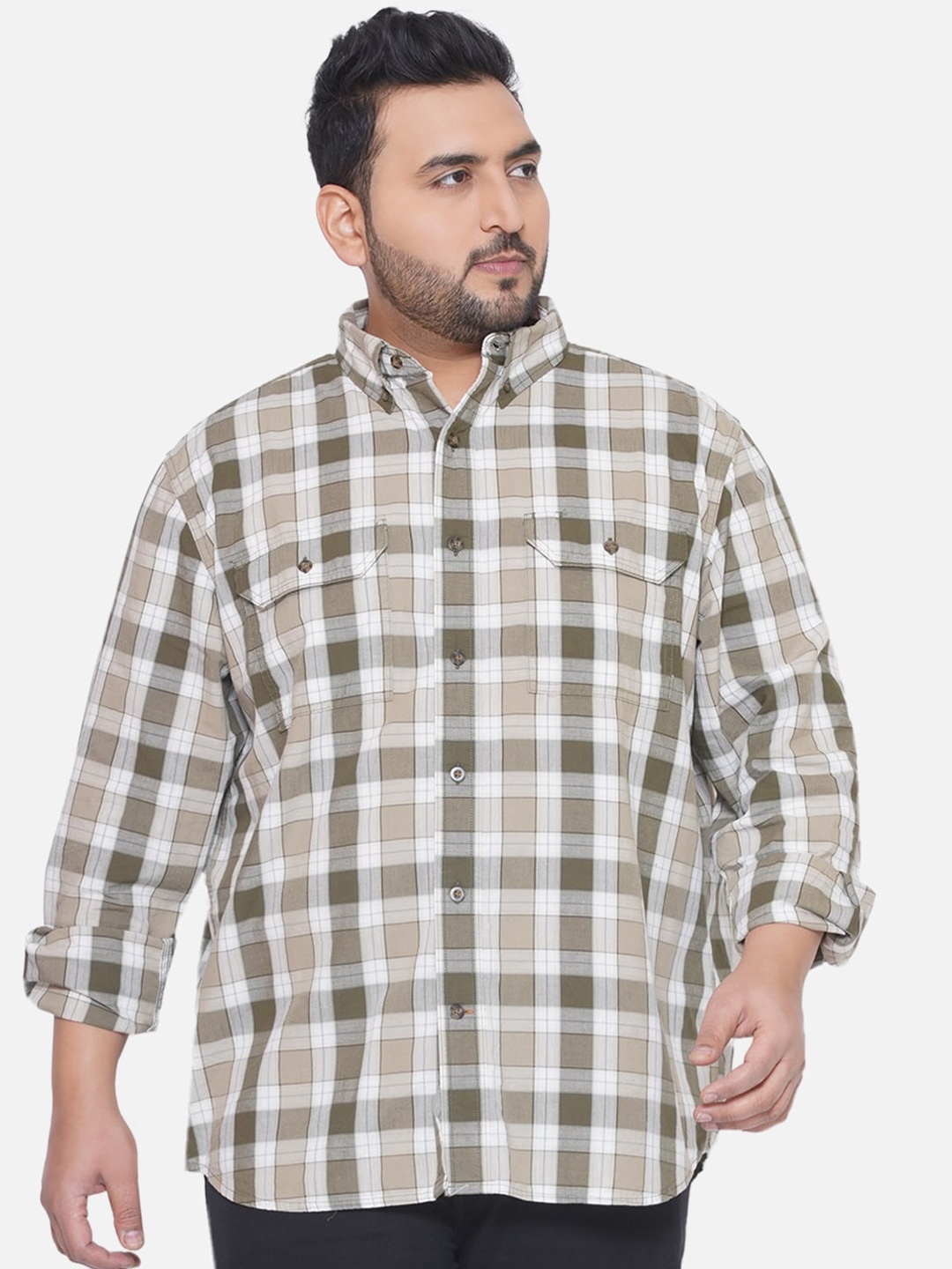 

Santonio Plus Size Classic Opaque Checked Cotton Casual Shirt, Olive