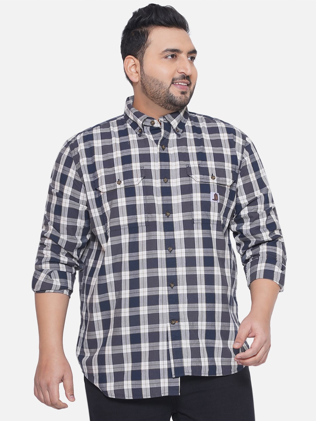 

Santonio Plus Size Classic Tartan Checks Opaque Cotton Casual Shirt, Navy blue
