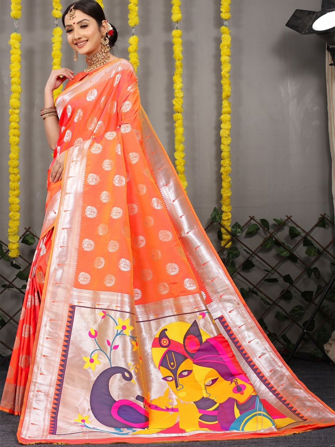 

CANIZZARO Woven Design Ethnic Motifs Zari Pure Silk Paithani Saree, Orange