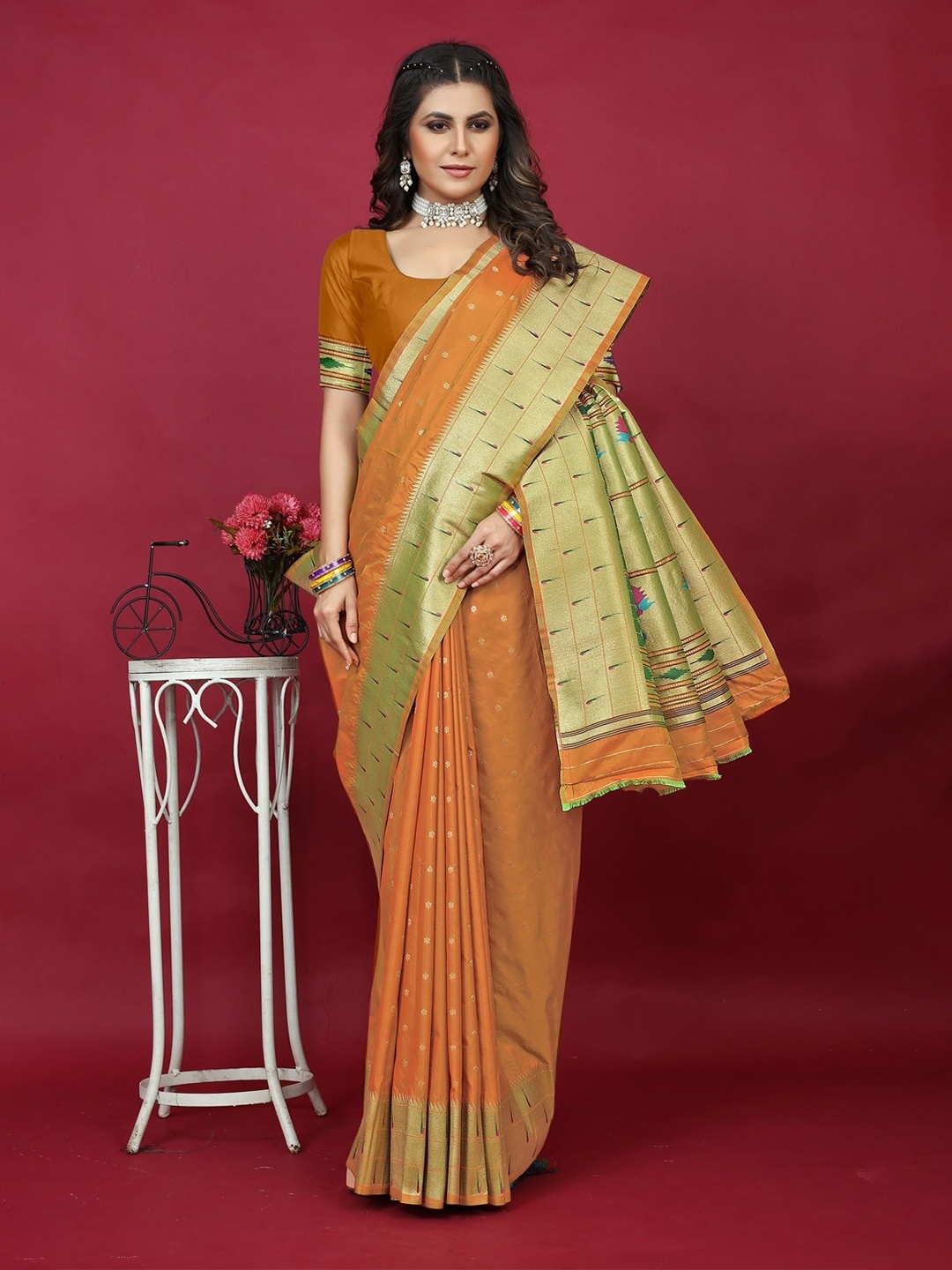 

CANIZZARO Ethnic Motifs Woven Design Zari Pure Silk Paithani Saree, Orange