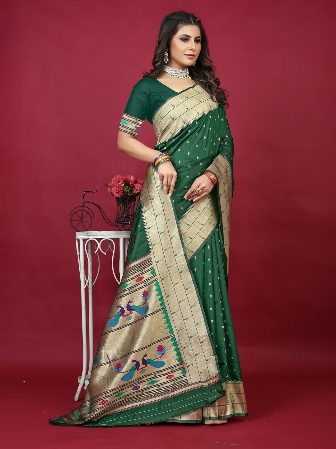 

CANIZZARO Woven Design Ethnic Motifs Zari Pure Silk Paithani Saree, Green