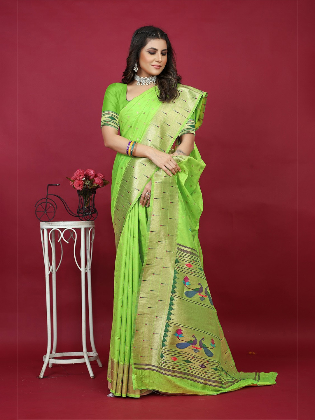 

CANIZZARO Ethnic Motif Woven Design Pure Silk Paithani Zari Saree, Green