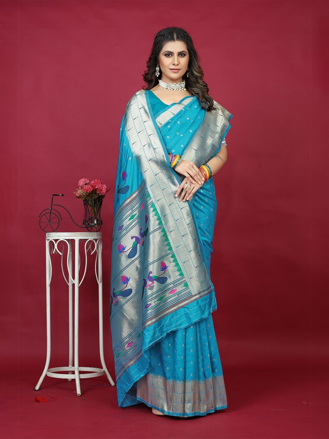 

CANIZZARO Ethnic Motif Woven Design Pure Silk Paithani Zari Saree, Turquoise blue