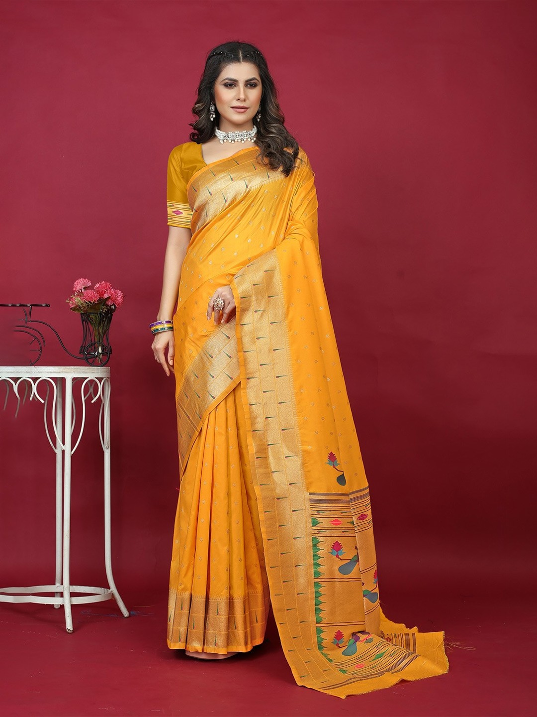 

CANIZZARO Ethnic Motif Woven Design Pure Silk Paithani Zari Saree, Mustard