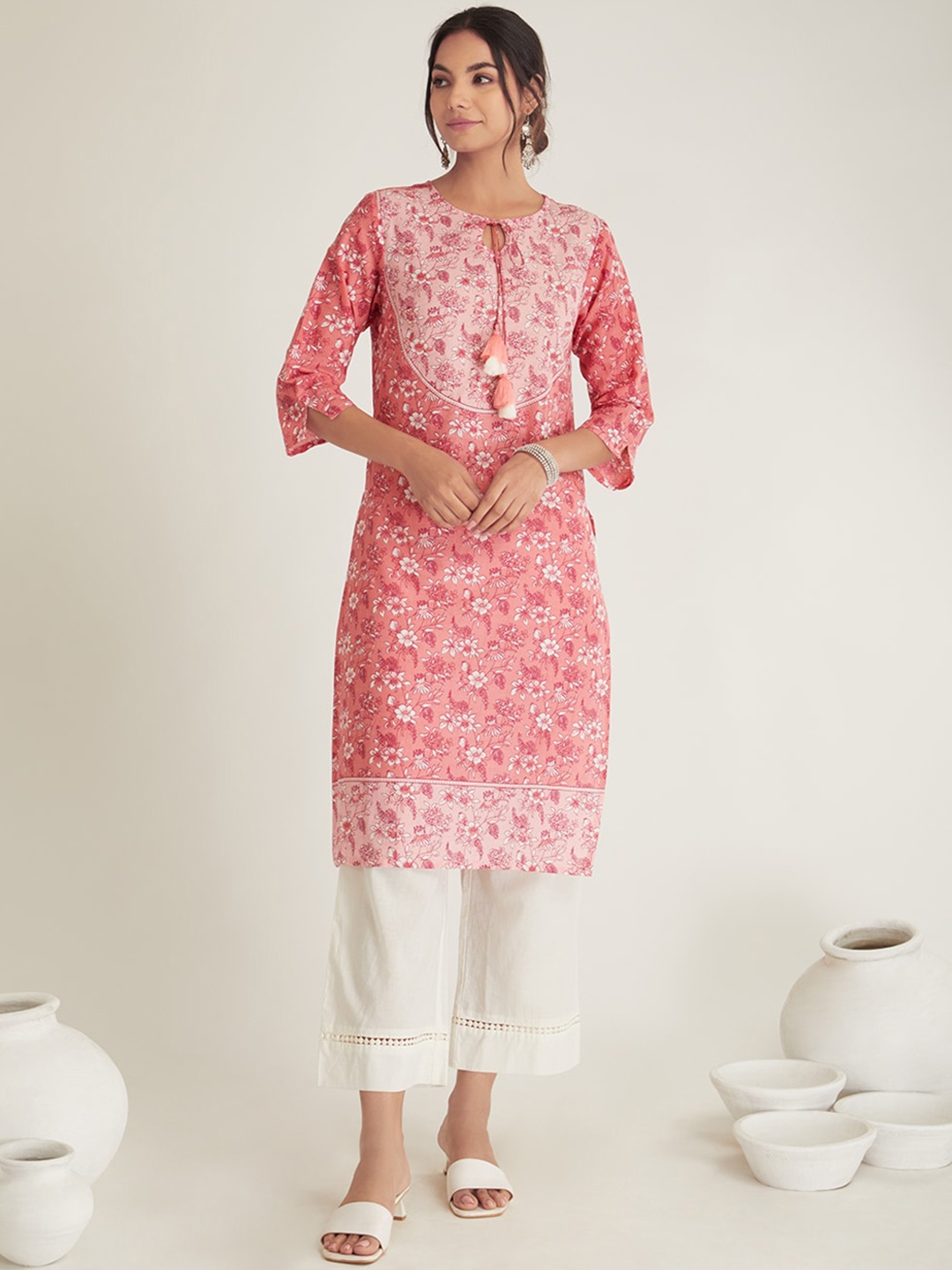 

IndigoFerry Ethnic Motifs Printed Tie-Up Neck Straight Cotton Kurta, Pink